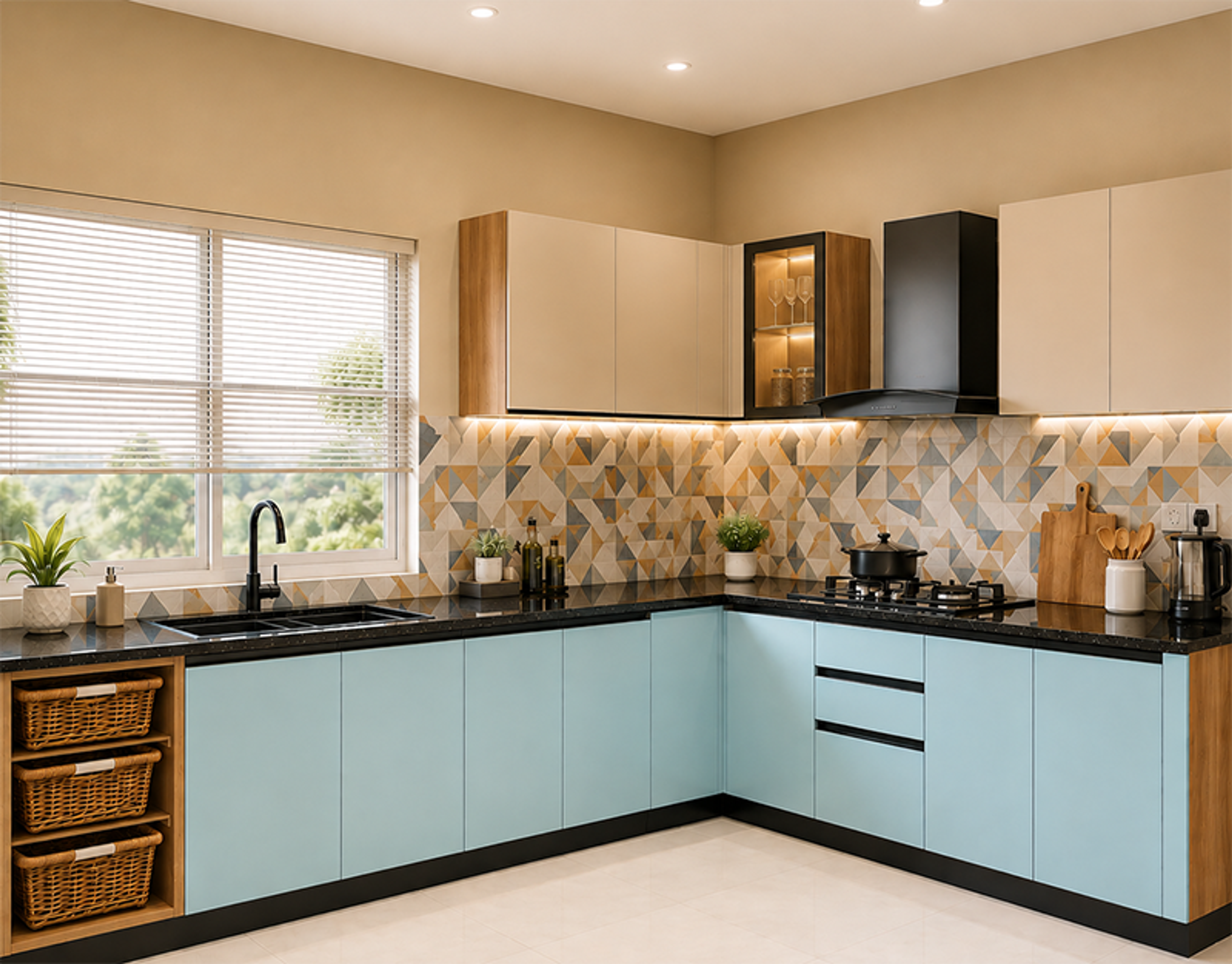 L-Shaped Kitchen Design with Backlit Glass Cabinet