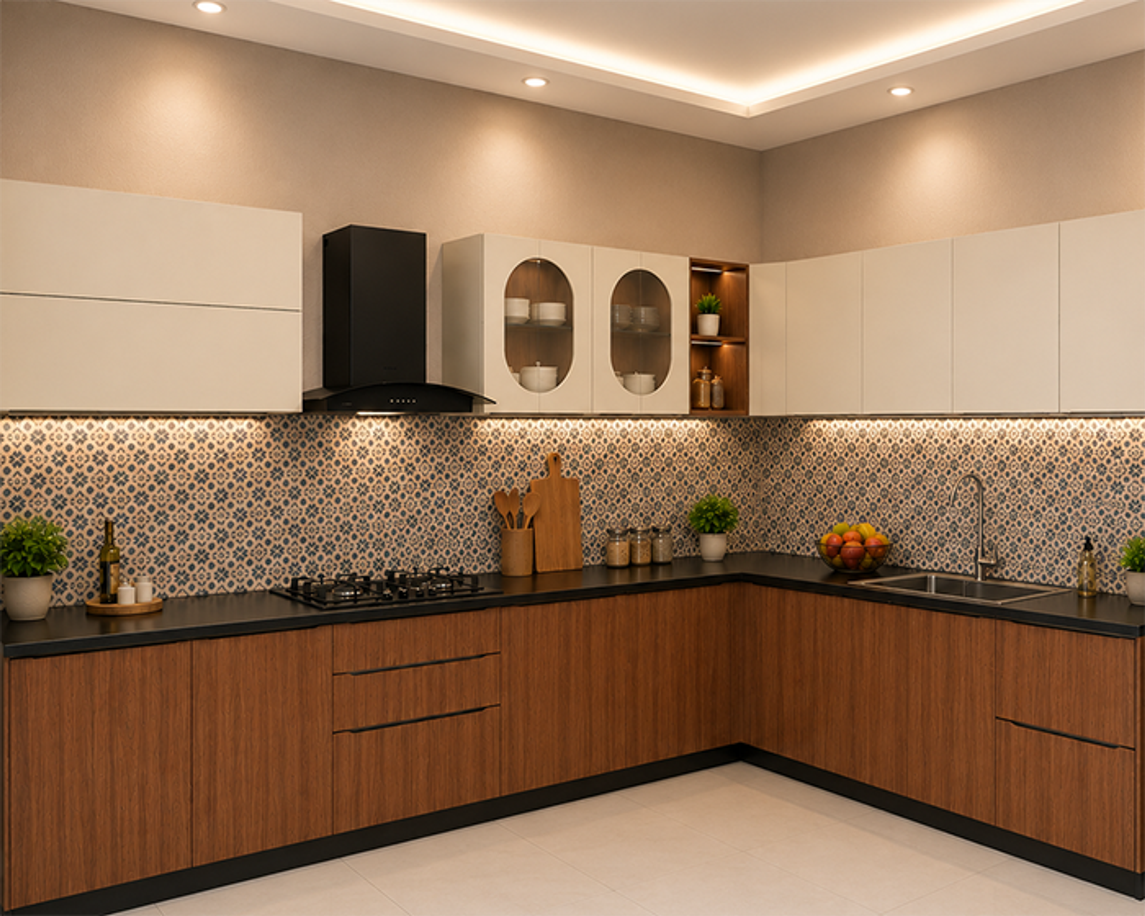 L-Shaped Kitchen Design with Blue Patterned Backsplash