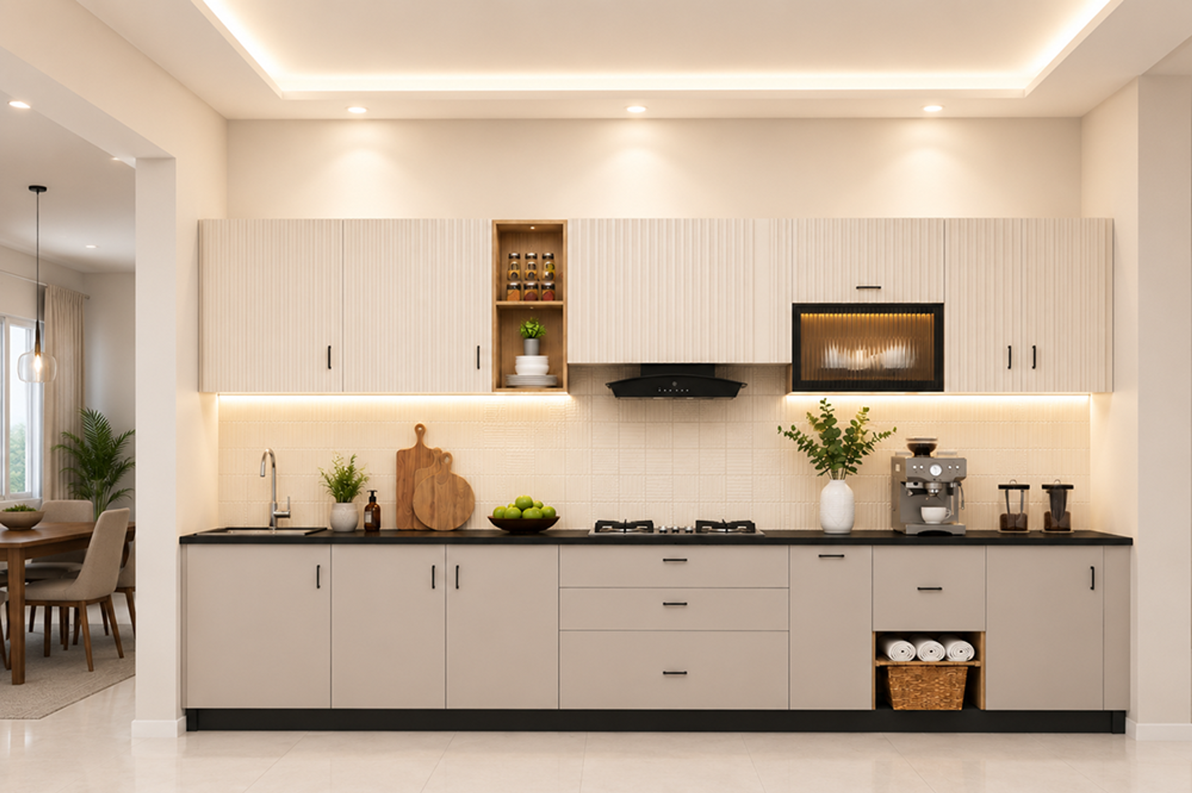 Straight Kitchen Design with Fluted Wall Cabinets and Glass Shutter