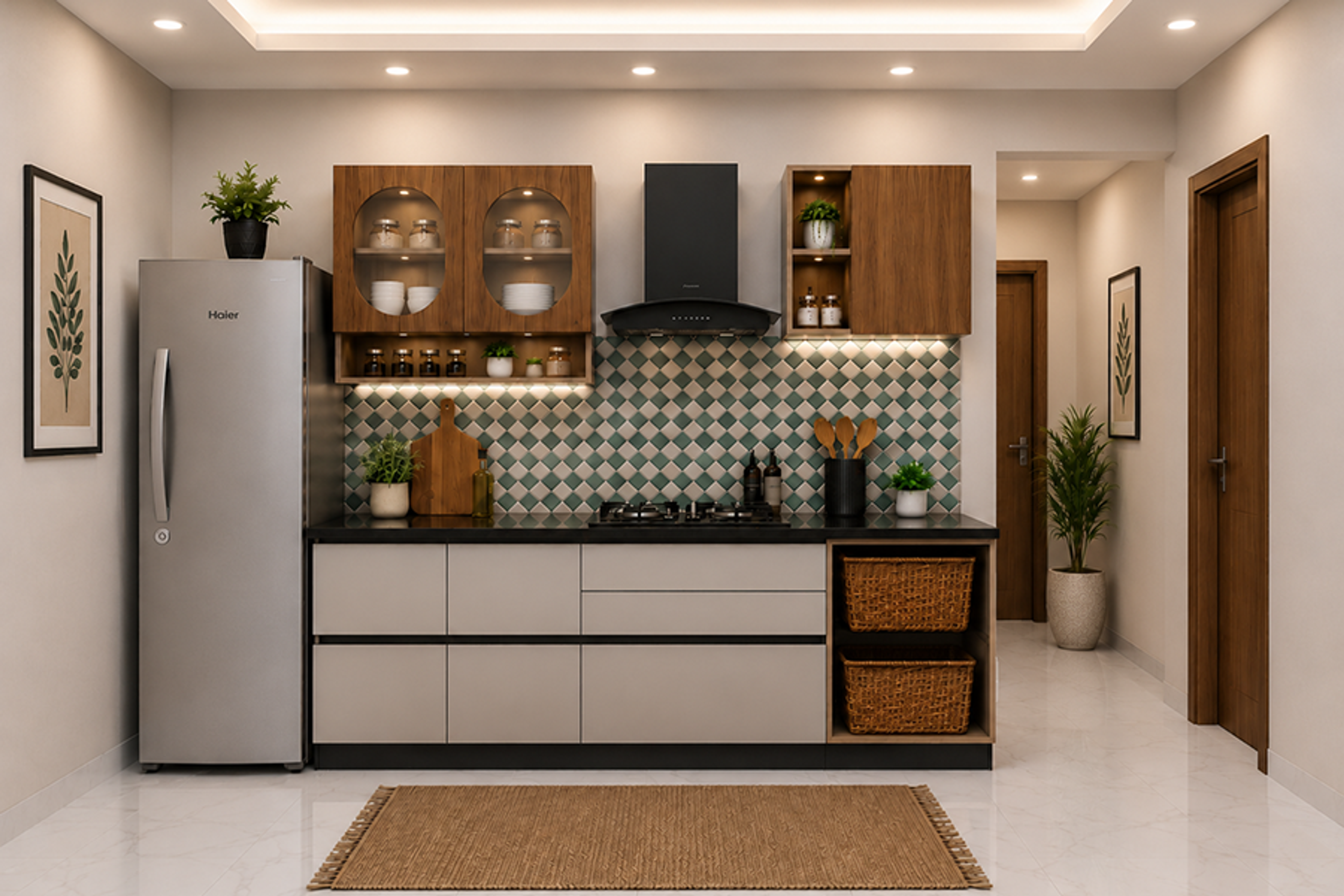 Parallel Kitchen Design with Arched Glass Cabinets