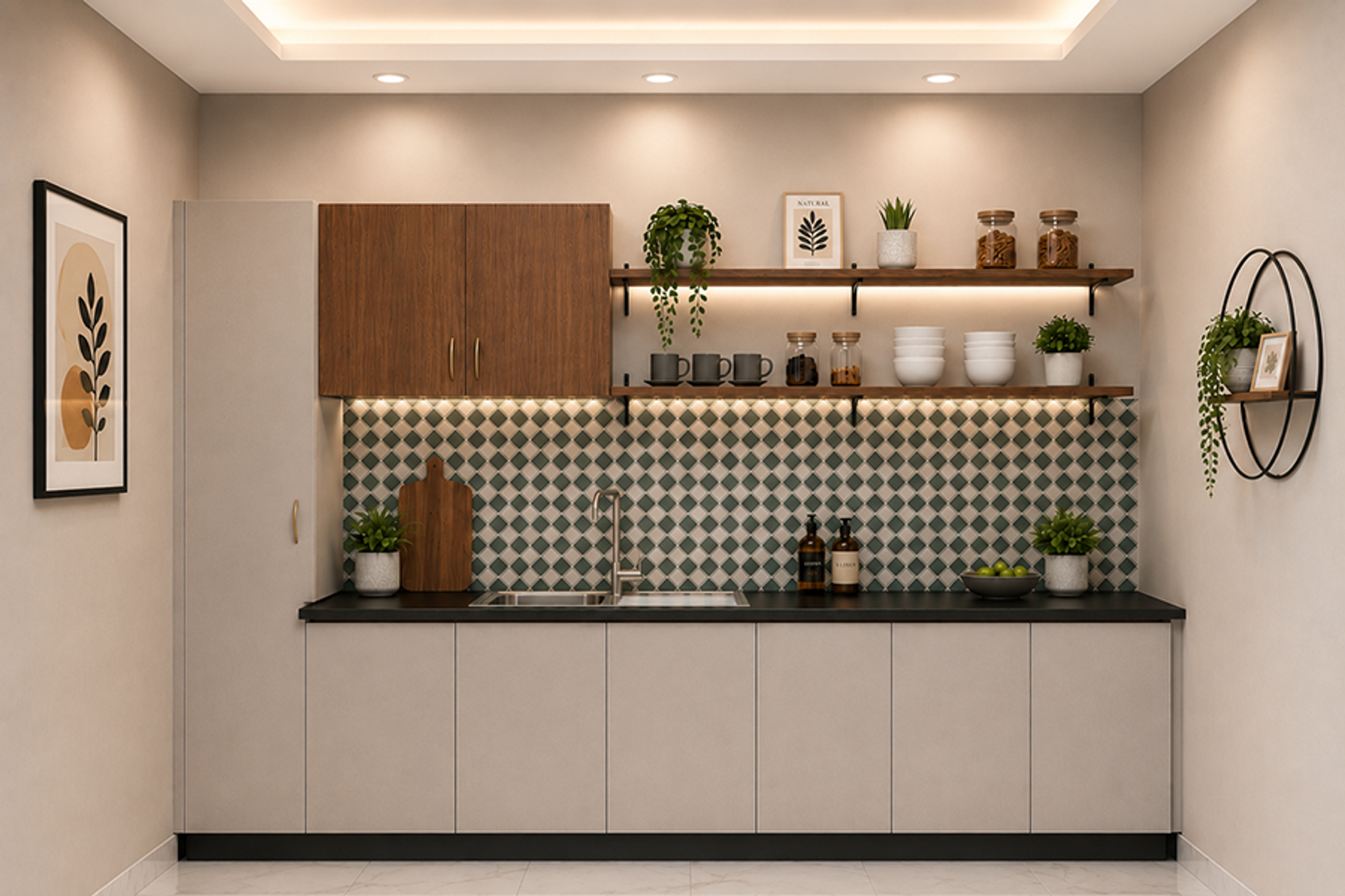 Parallel Kitchen Design with Arched Glass Cabinets