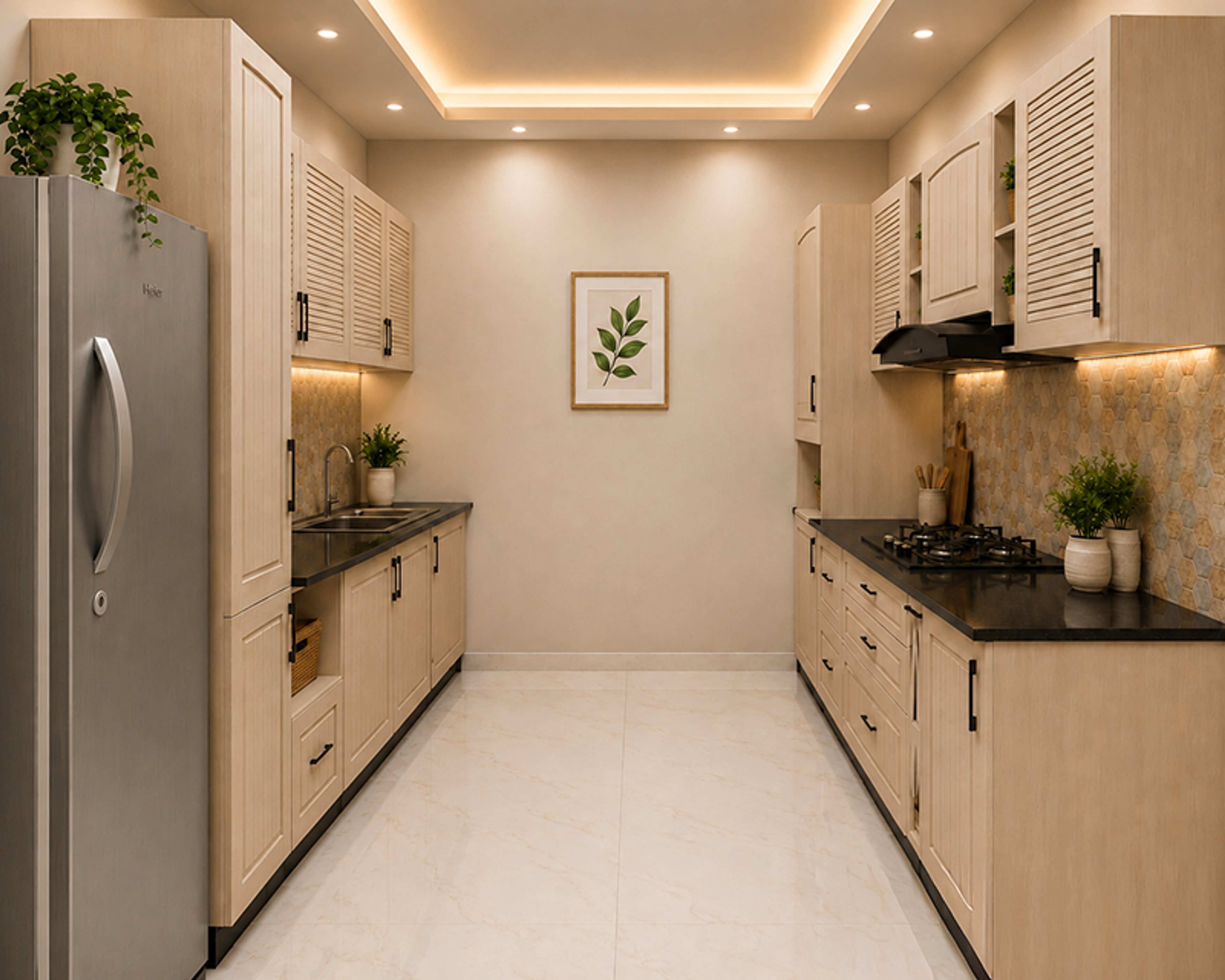 Parallel Kitchen Design with Louvered Cabinet Doors