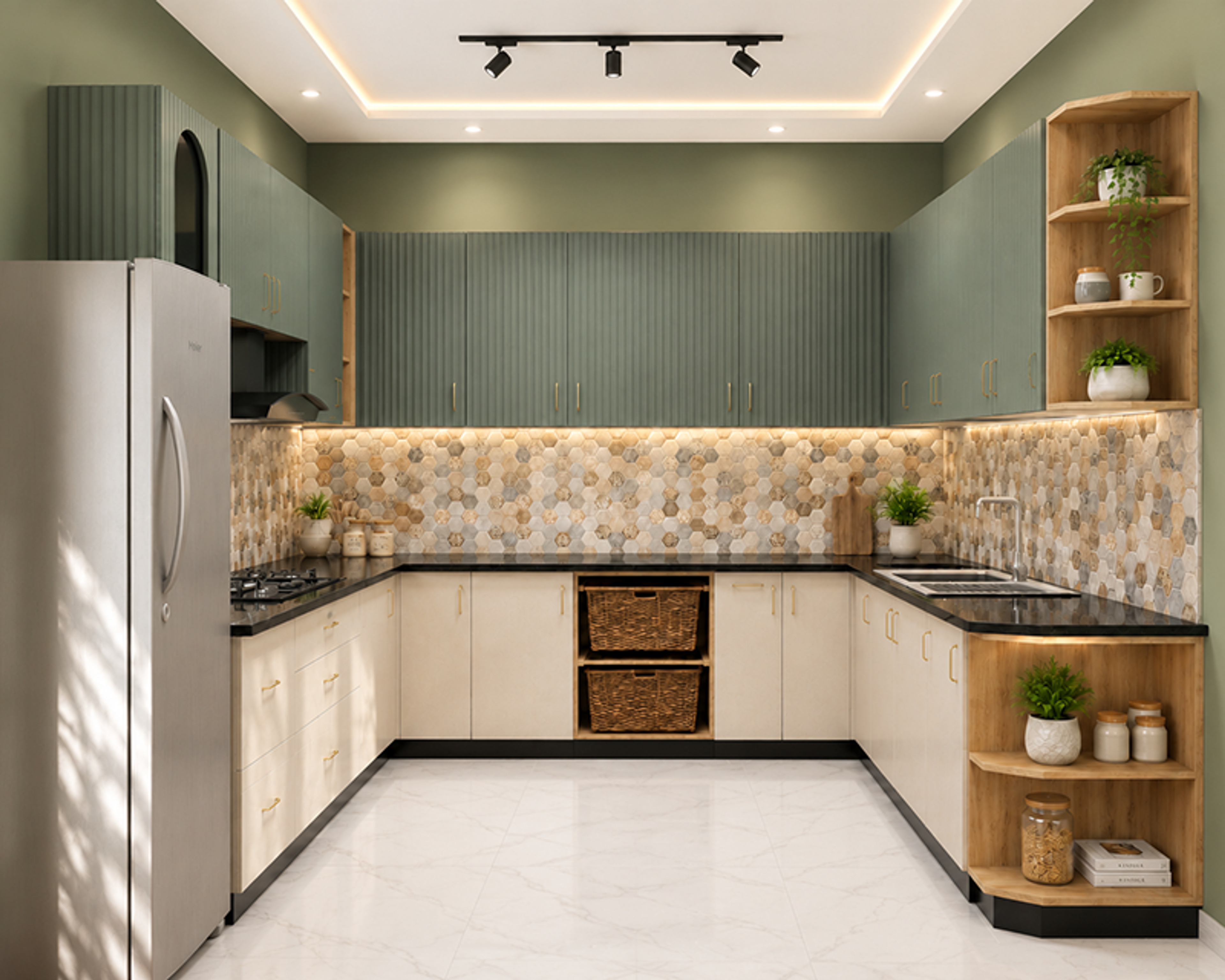 U-Shaped Kitchen Design with Fluted Wall Cabinets and Hexagon Backsplash