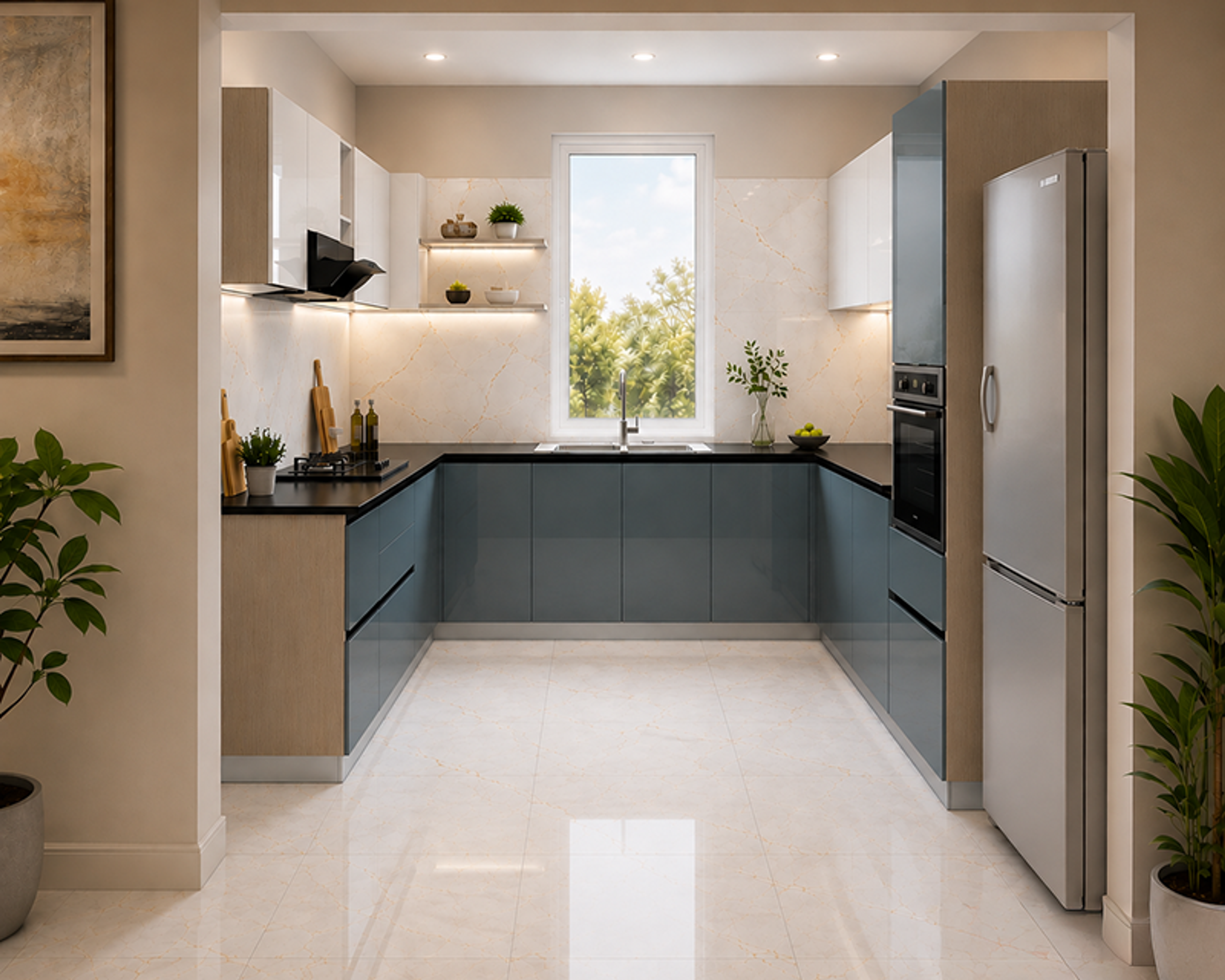 U-Shaped Kitchen Design with Built-In Appliance Tower