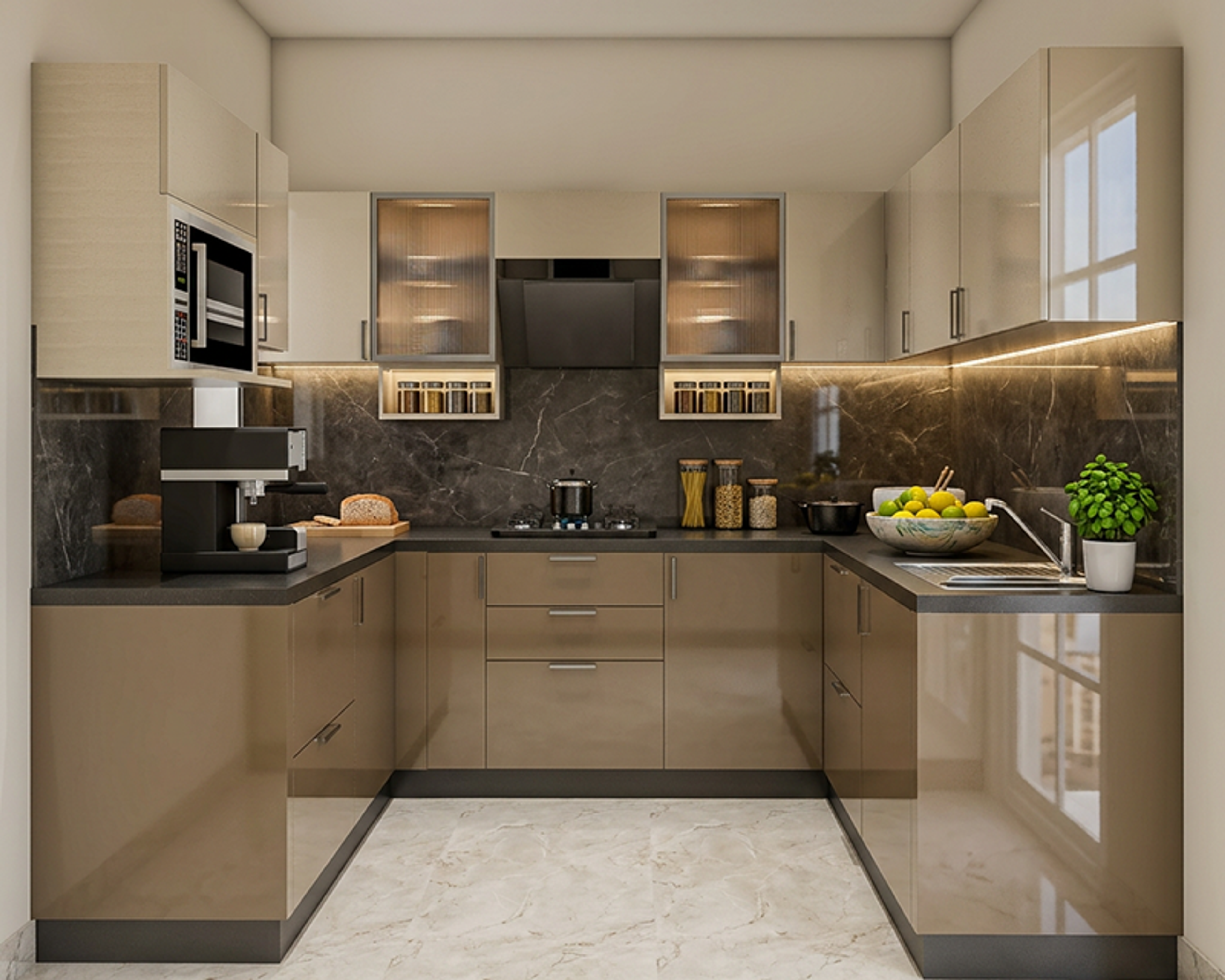 Brown Cream U-Shaped Kitchen Design with Fluted Glass Cabinets