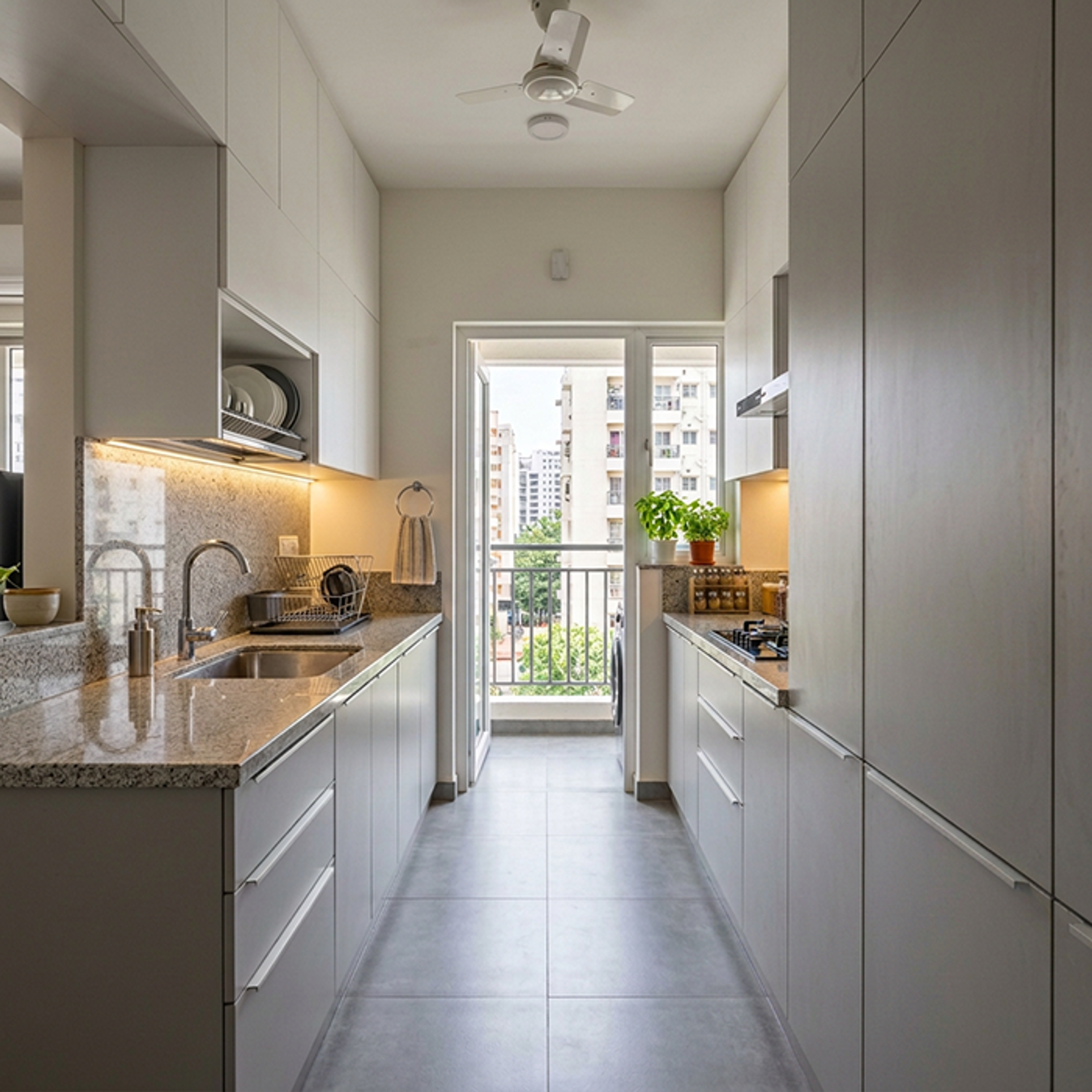 Minimal Parallel Kitchen Design with Grey and White Cabinets