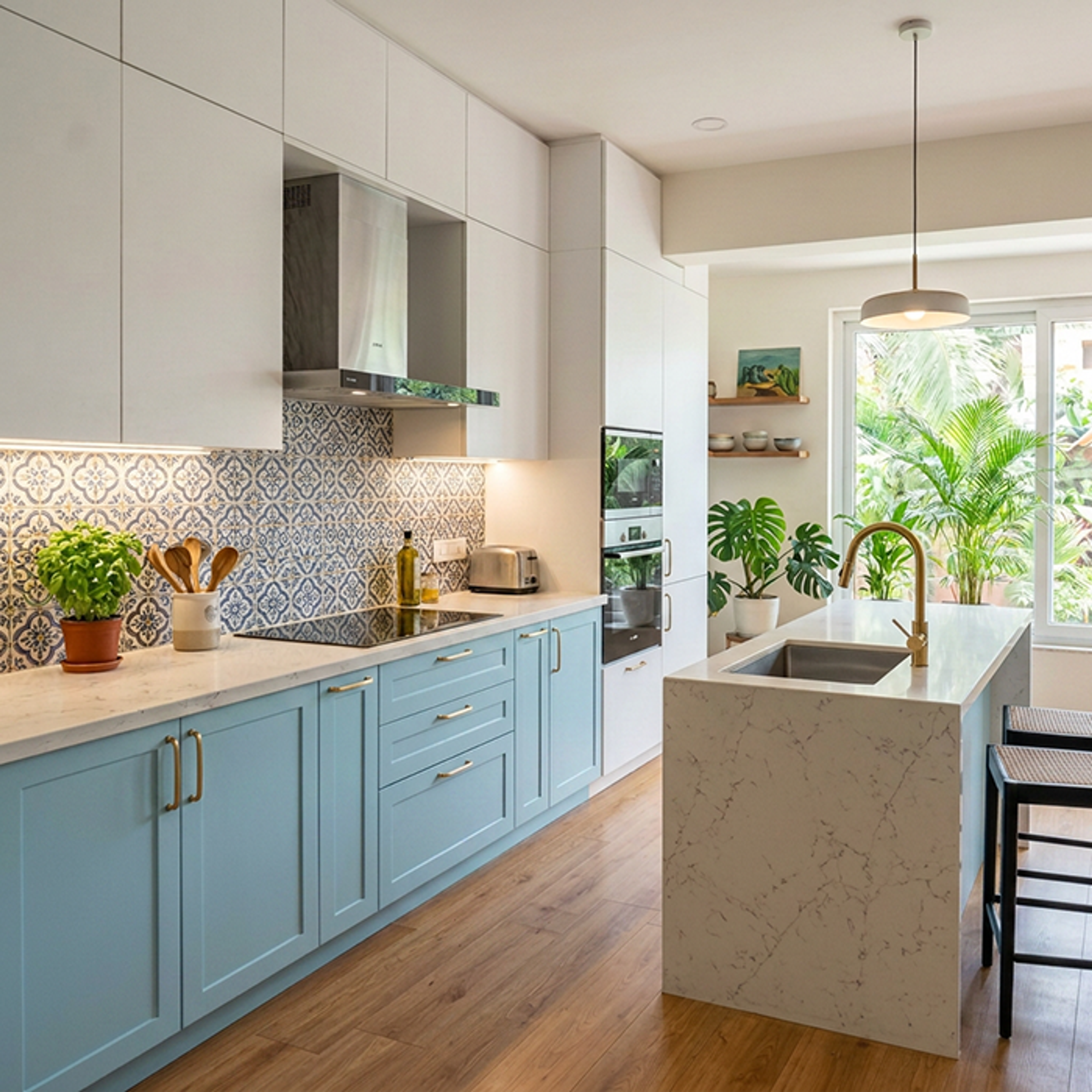 Blue and Off-White Island Kitchen Design with Breakfast Bar Seating