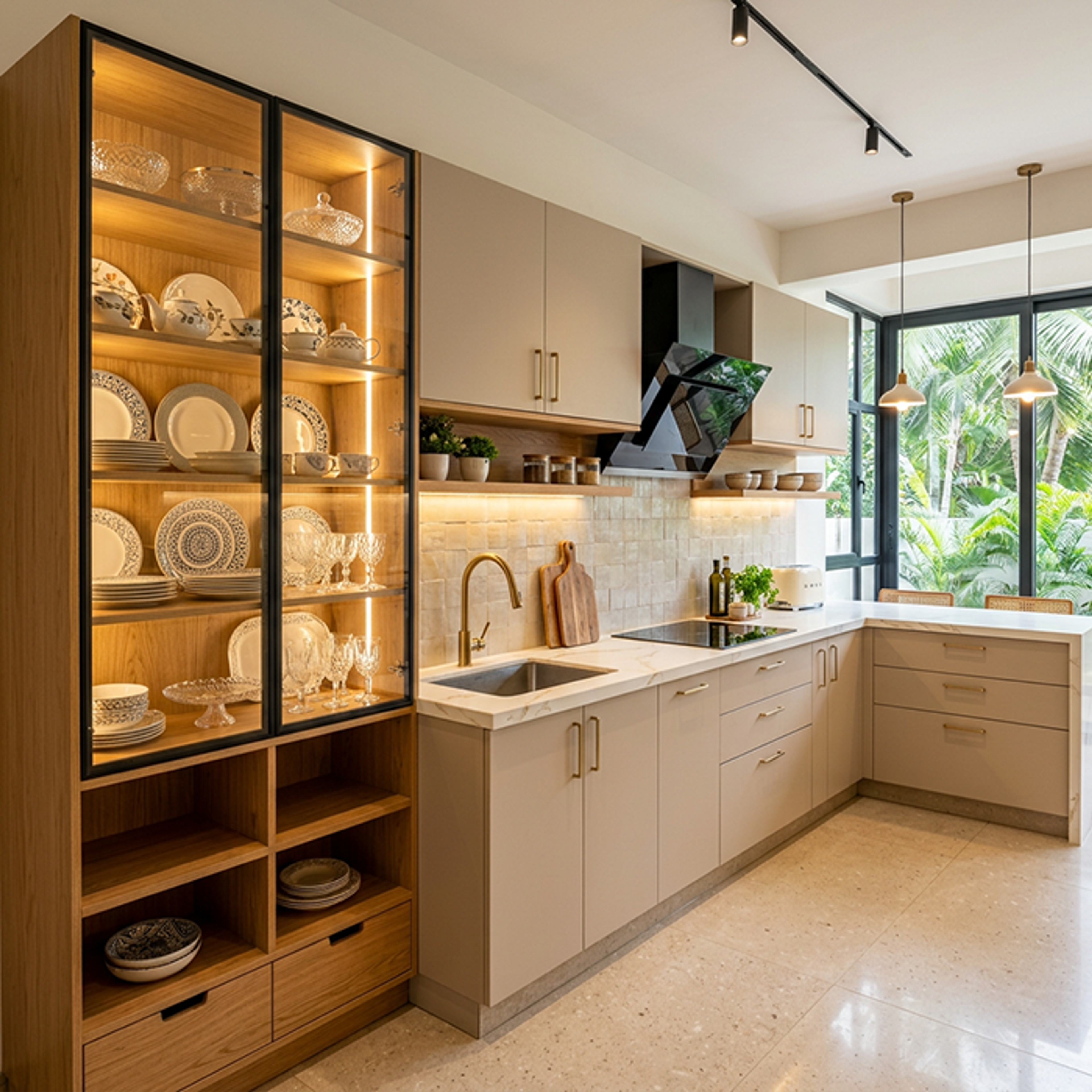 Beige L-Shaped Kitchen Design with Quartz Countertop and Storage