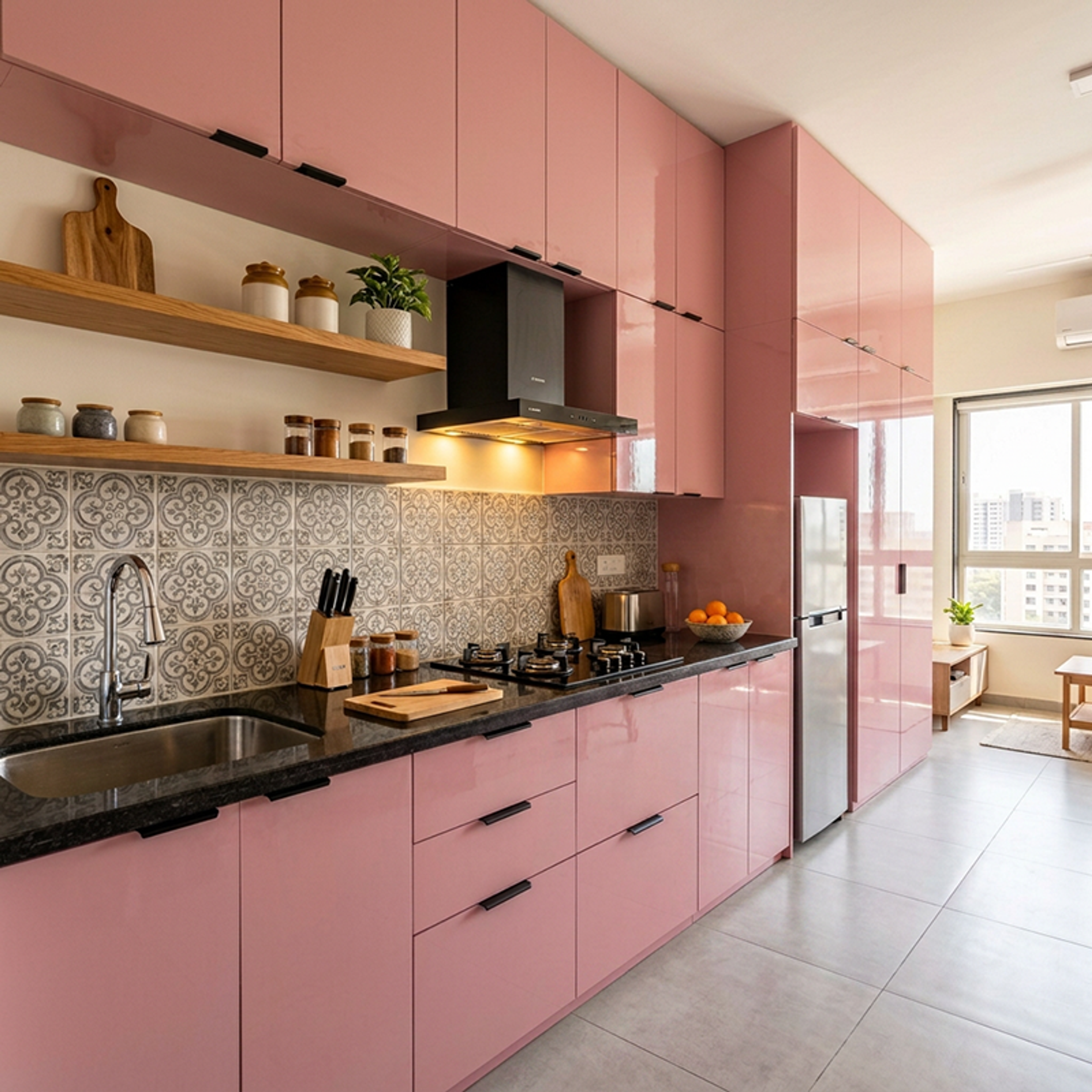 Pink Straight Kitchen Design with Granite Countertop Finish