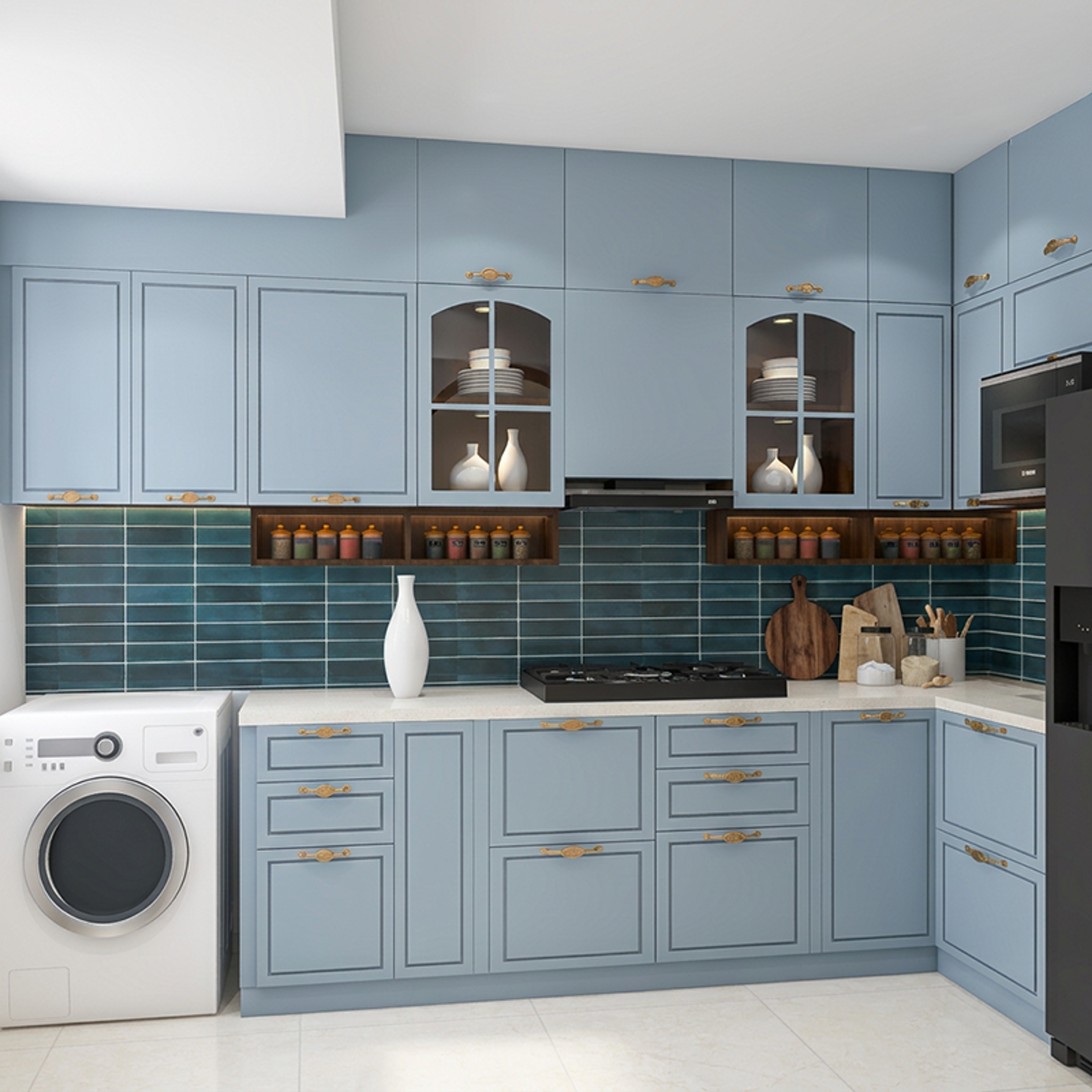 Blue L-Shaped Kitchen Design with Deep Teal Subway Backsplash