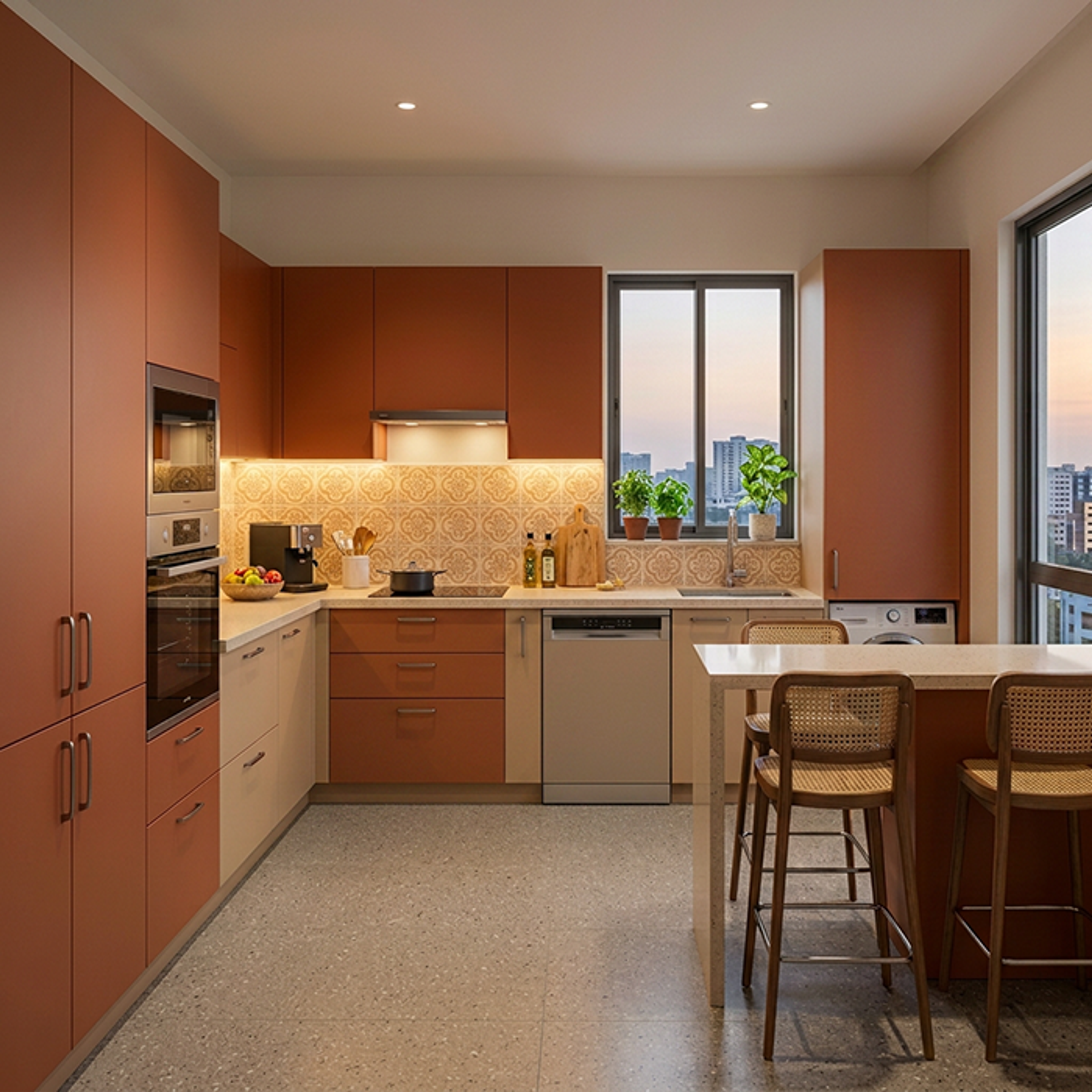 L-Shaped Kitchen Design with  Patterned Backsplash