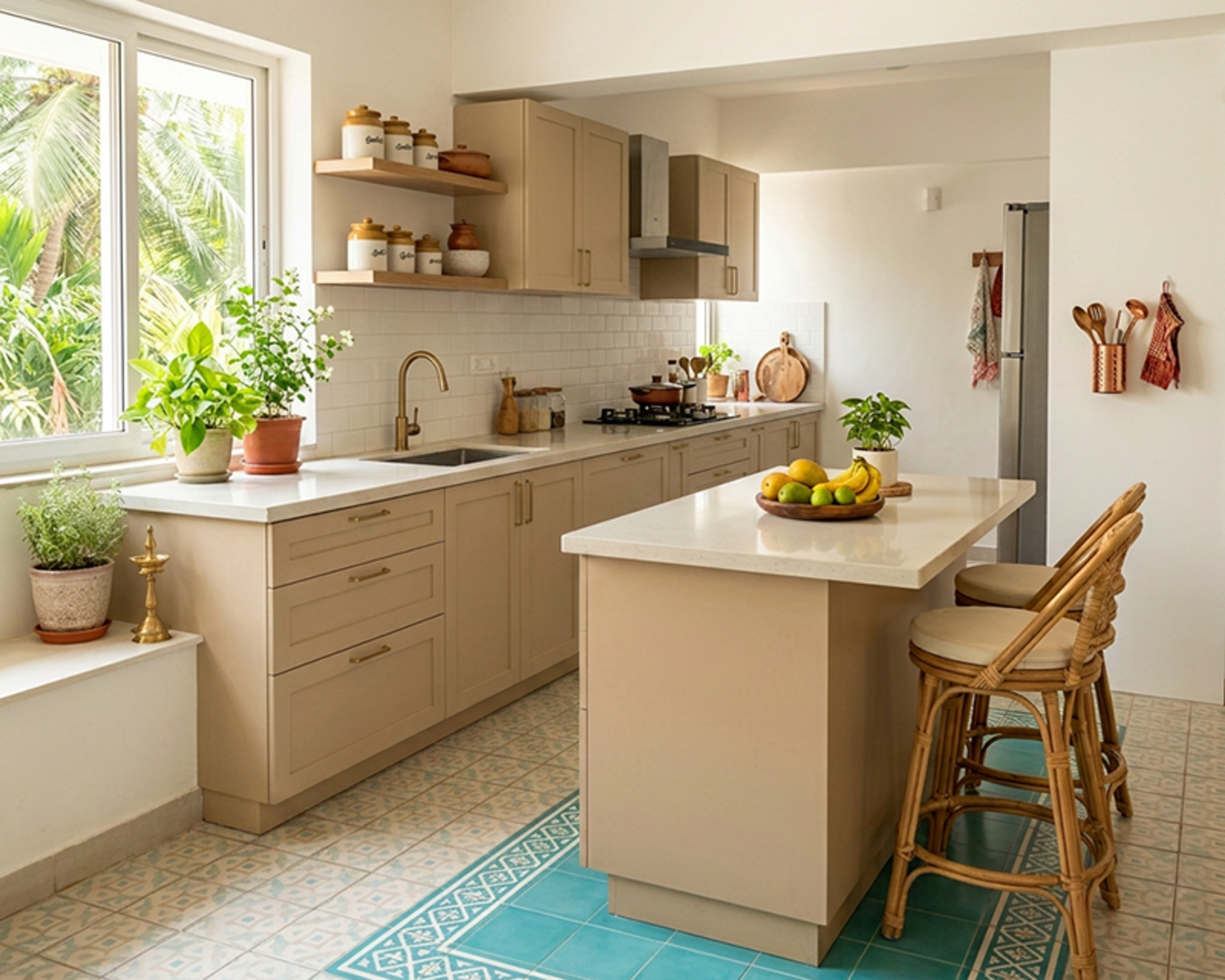 Classic Ivory Island Kitchen Design with Open Shelves and Rattan Stools