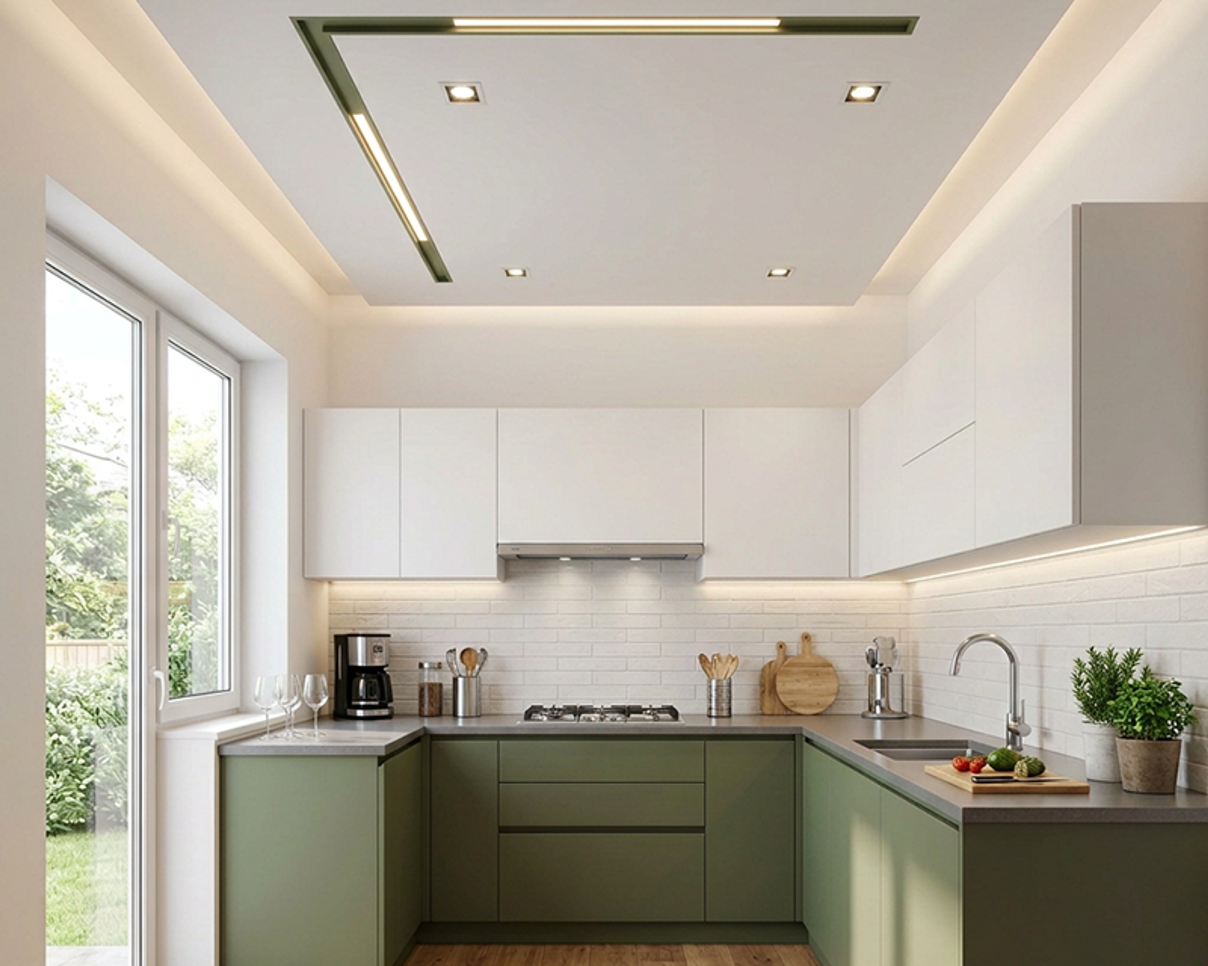 U-Shaped Kitchen Design with Linear Ceiling Light