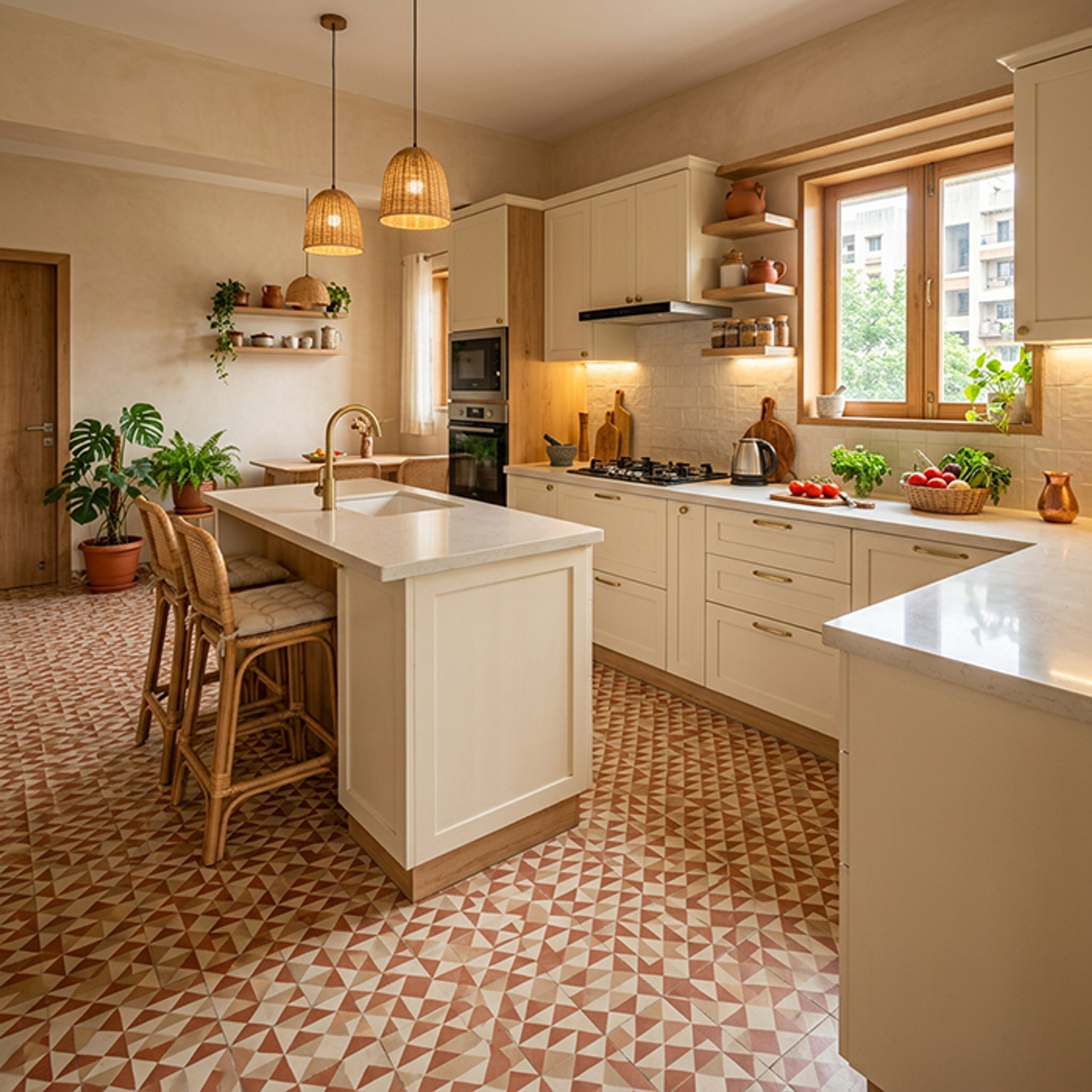 Classic Ivory Island Kitchen Design with Pendant Lights and Geometric Tiles