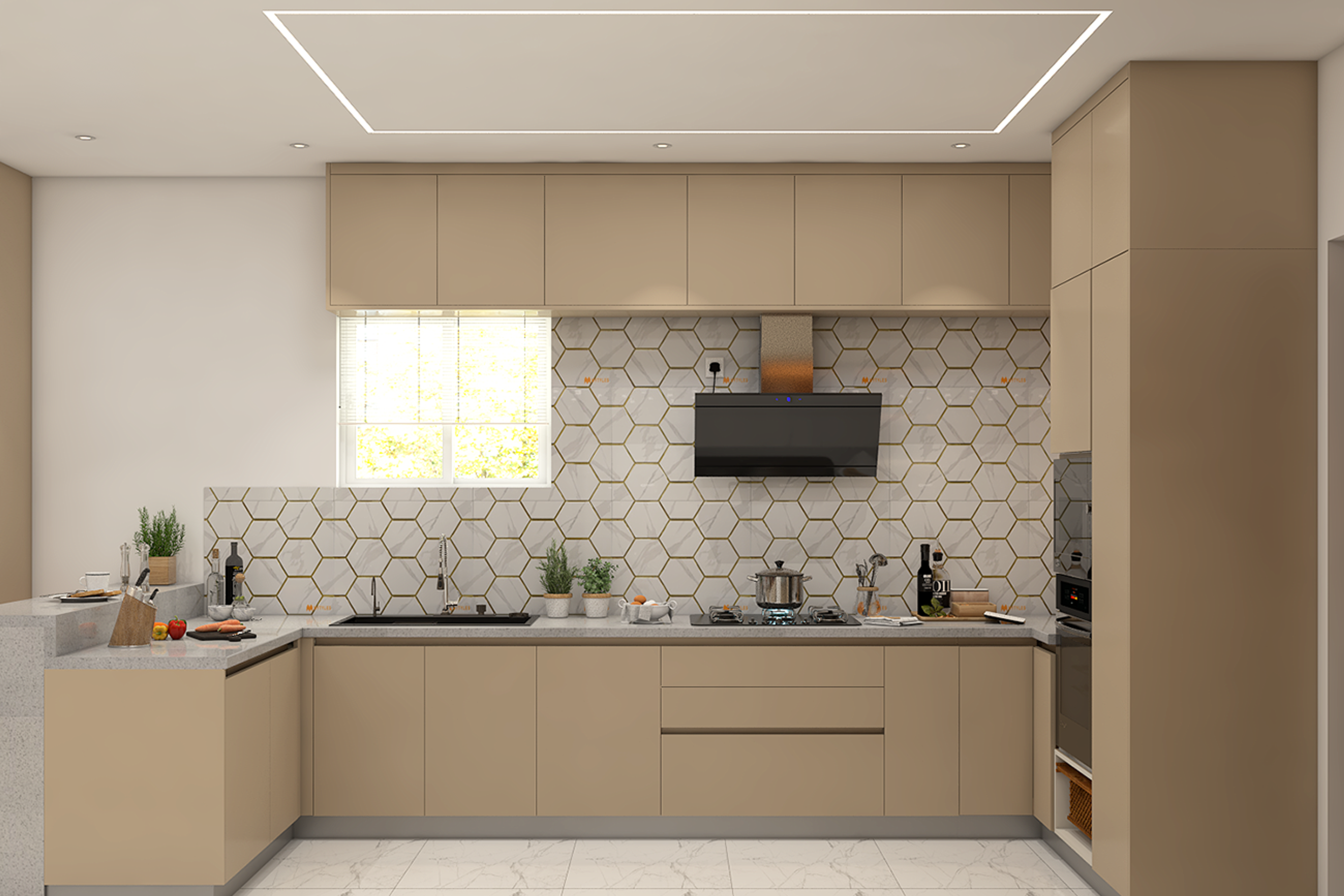Beige L-Shaped Kitchen Design with Breakfast Counter Extension