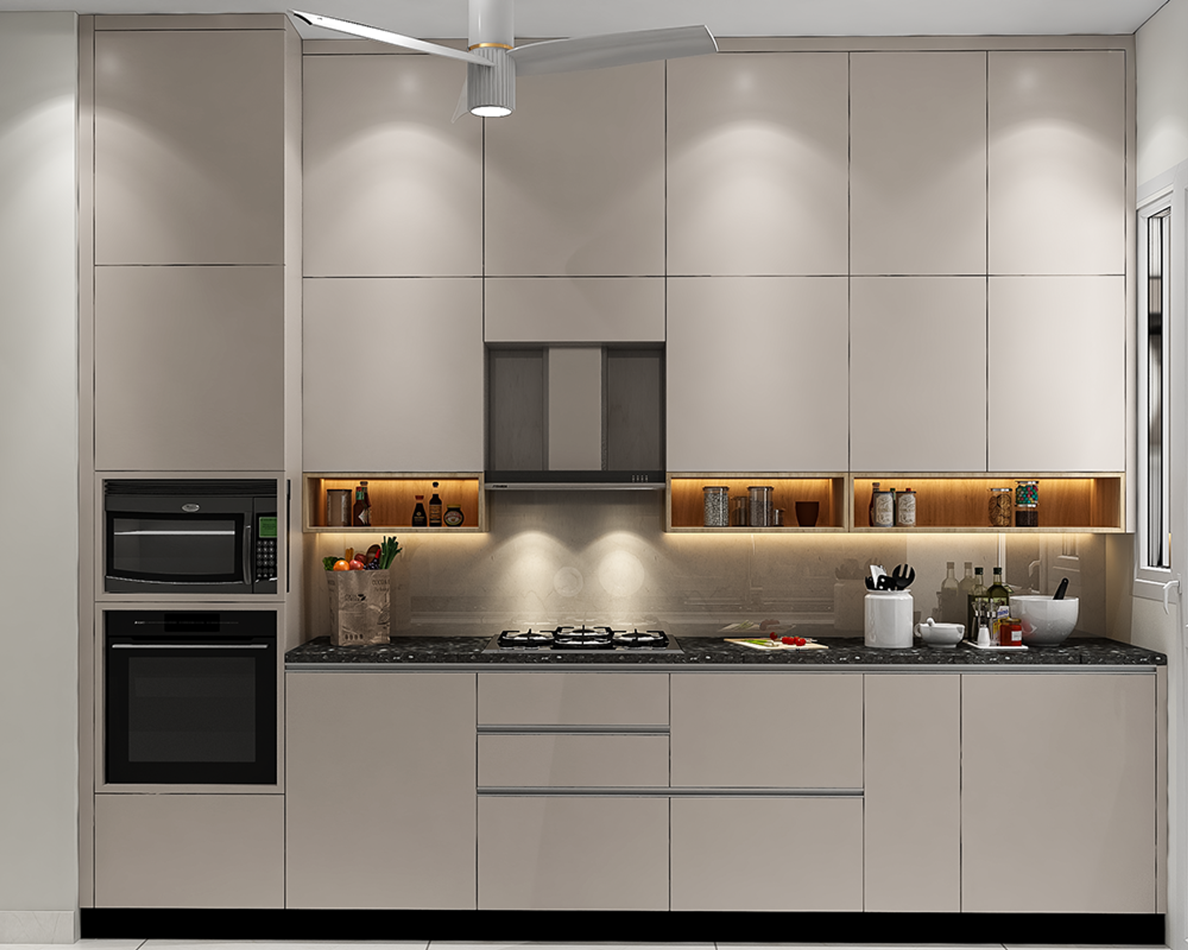 Modern Parallel Kitchen Design with Beige Cabinets and Granite Countertop