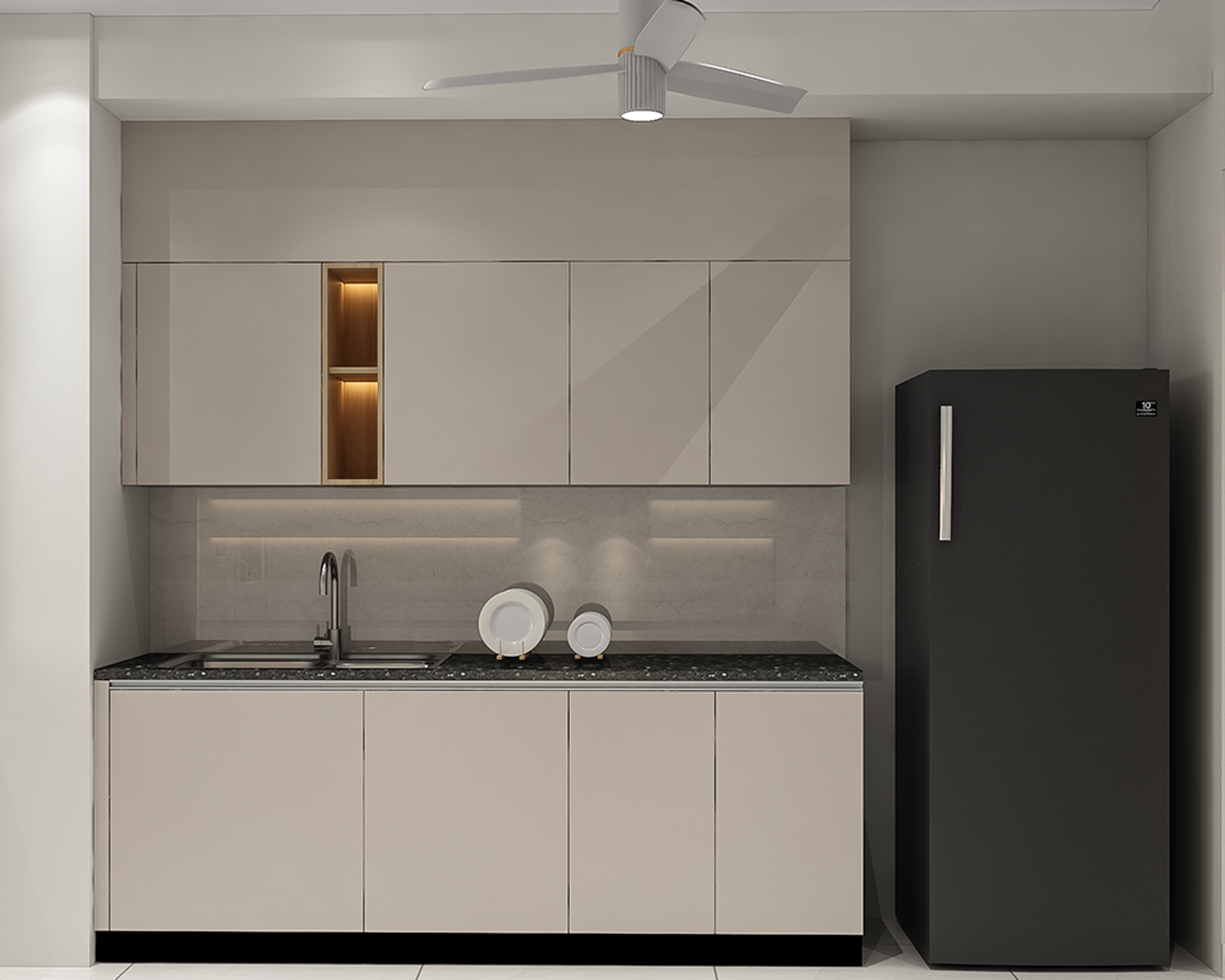 Beige Parallel Kitchen Design with Granite Countertop and Gola Handles