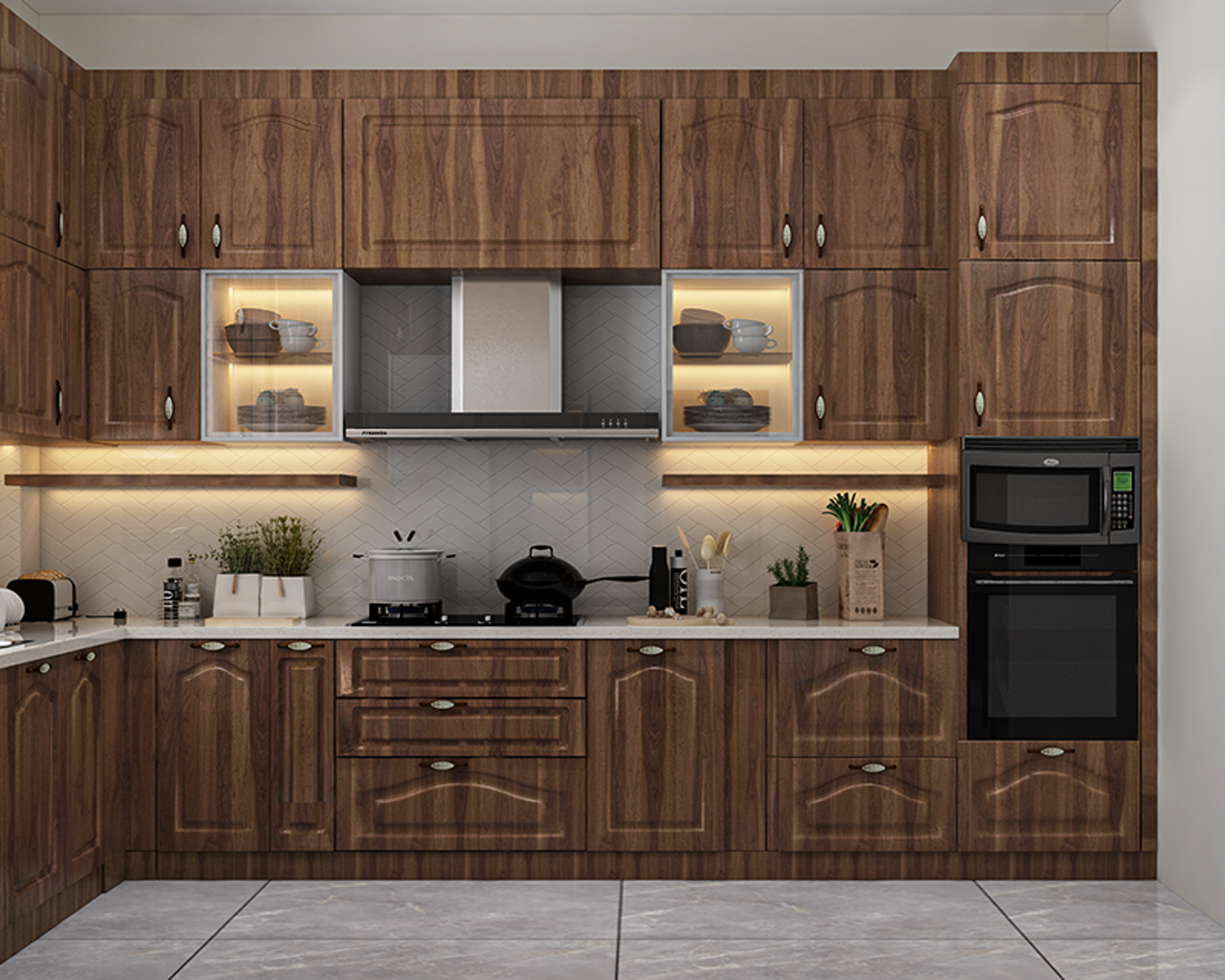 Wood L-Shaped Kitchen Design with Arched Panel Profiles