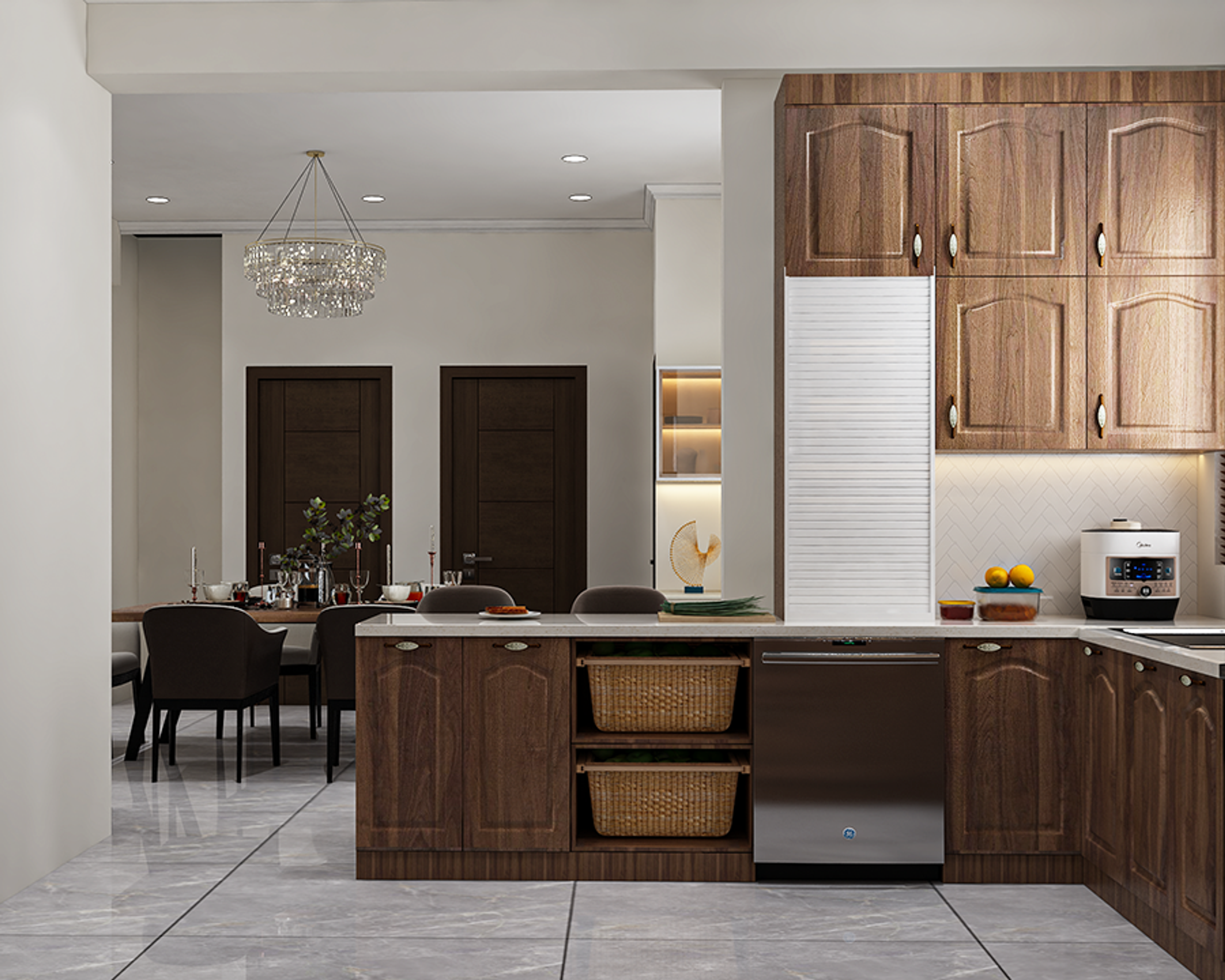 Wood L-Shaped Kitchen Design with Arched Panel Profiles