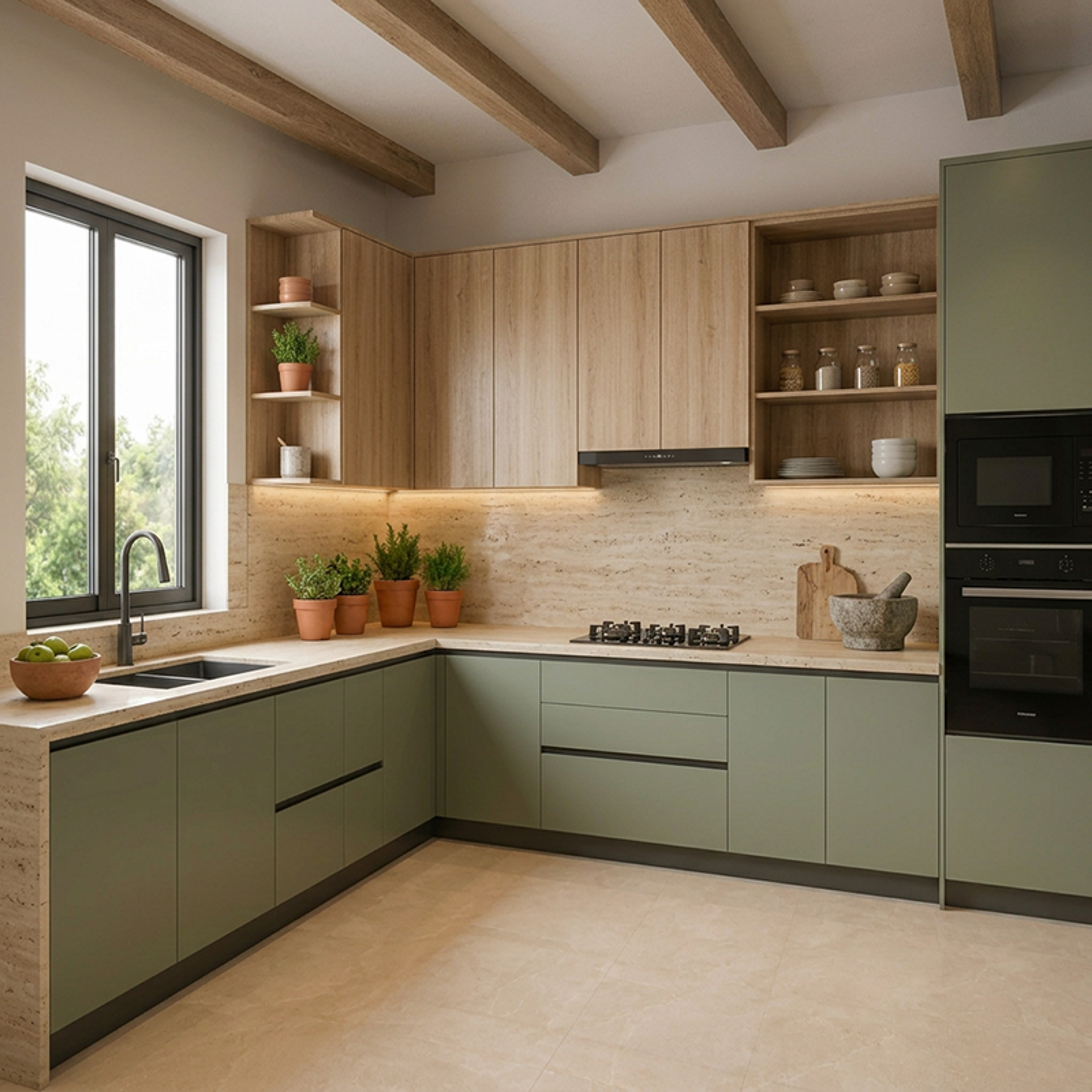 L-Shaped Kitchen Design with Sage Green Wood Cabinets and Travertine Quartz