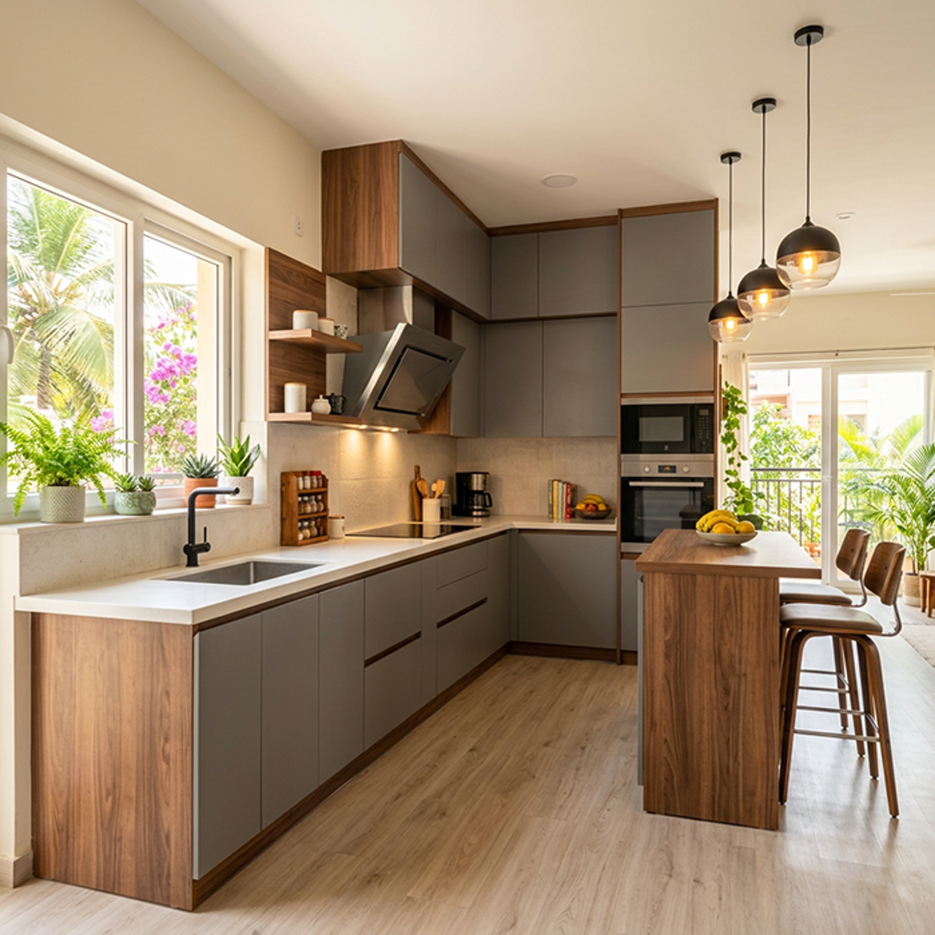 Island Kitchen Design with Grey Cabinets and Walnut Island