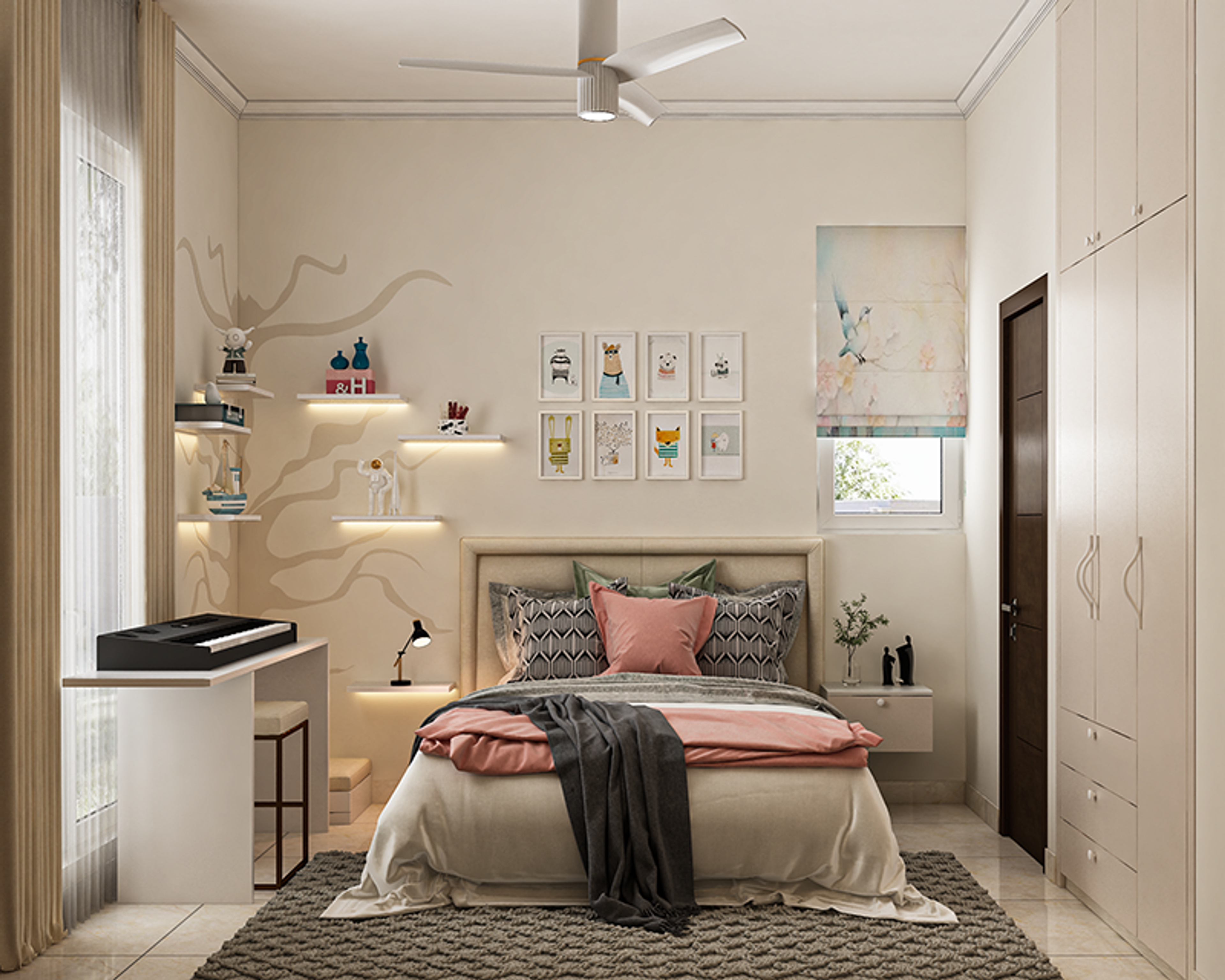 Contemporary Kids Bedroom Design with Tree Mural and Floating Shelves