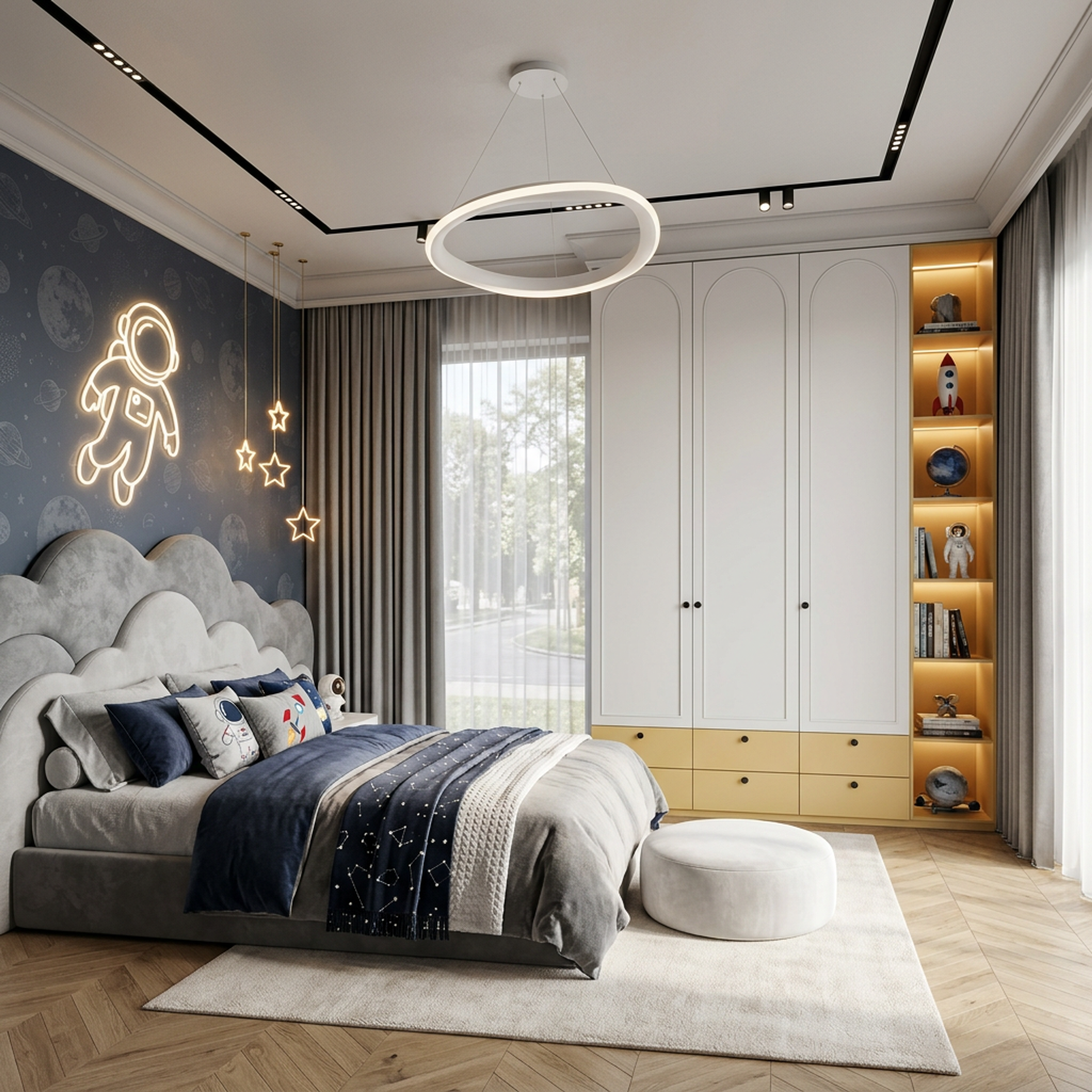 Space Themed Contemporary Kids Bedroom Design with Cloud Headboard Bed