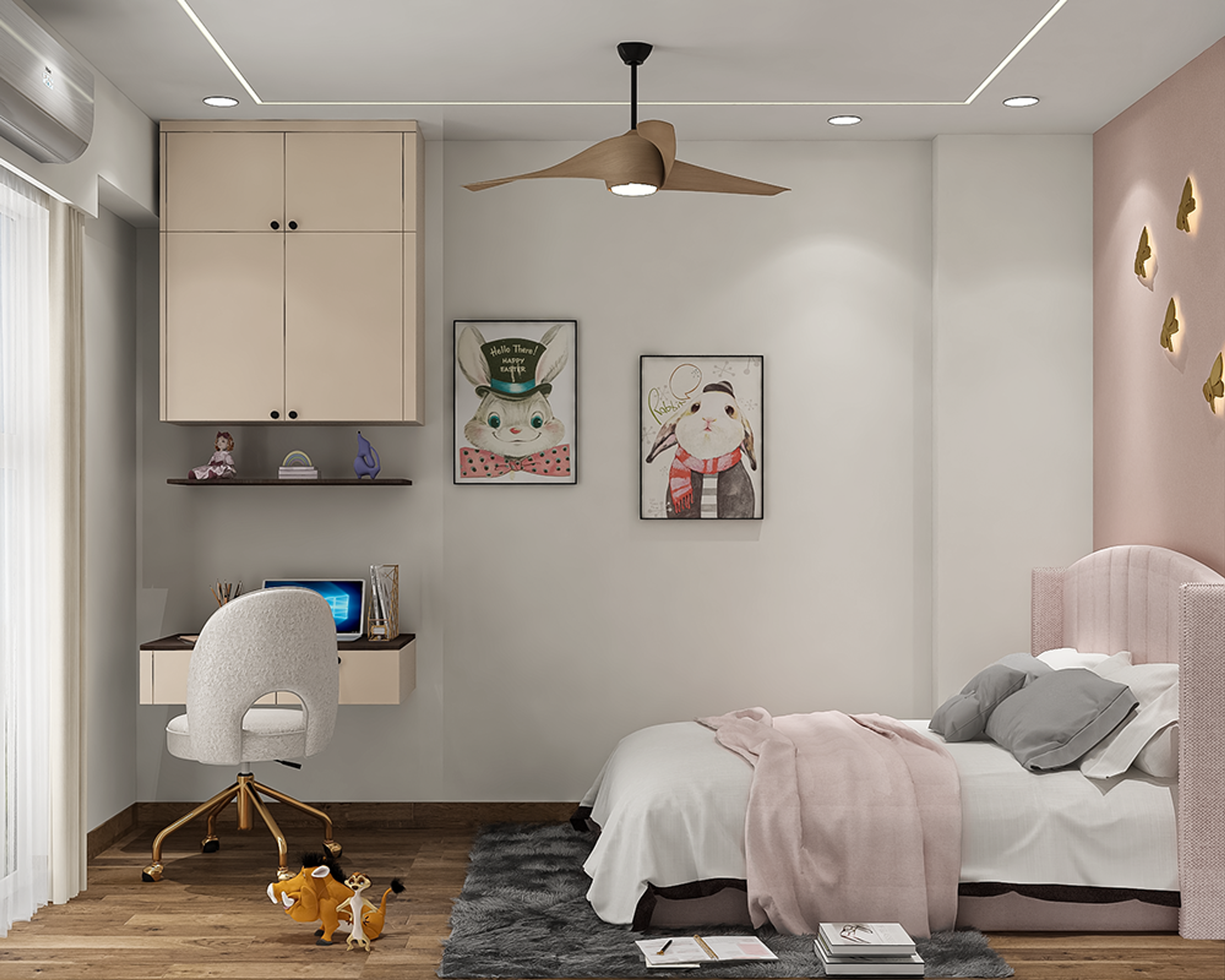 Contemporary Kids Bedroom Design with Pink Accents and Butterfly Wall Art