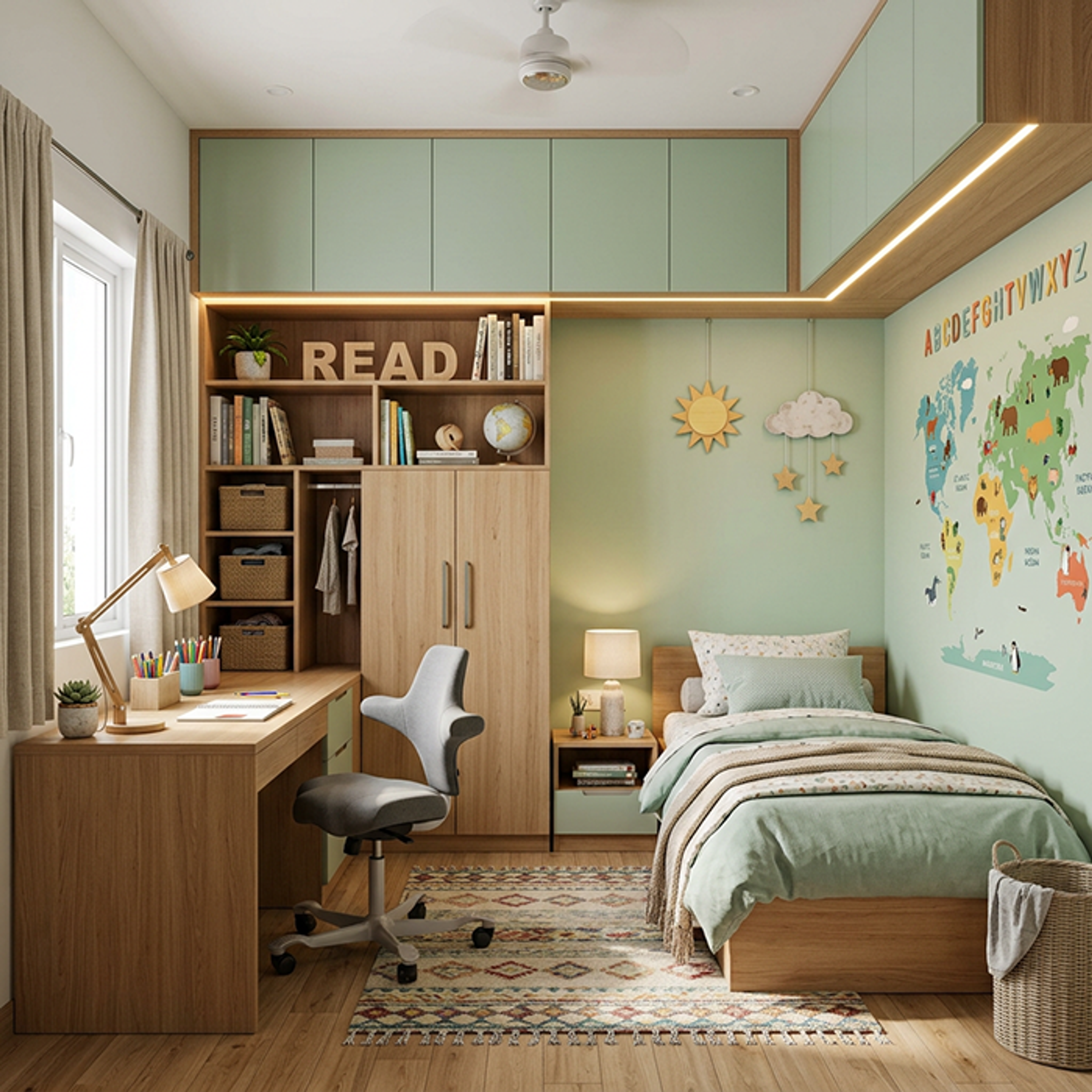 Scandinavian Kids Bedroom with Mint Green Cabinets and World Map Decal