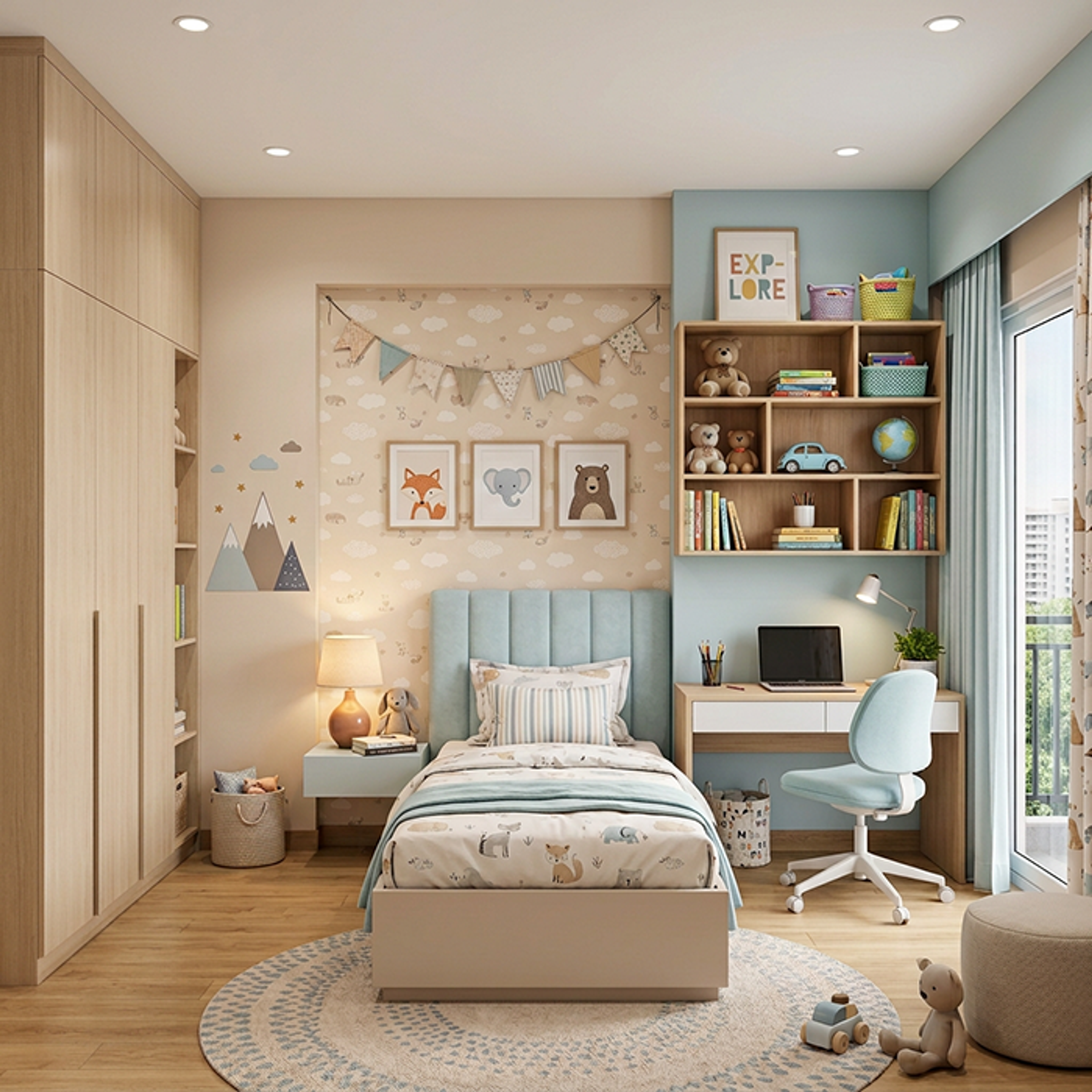 Modern Kids Bedroom with Cloud Pattern Wall and Study Area