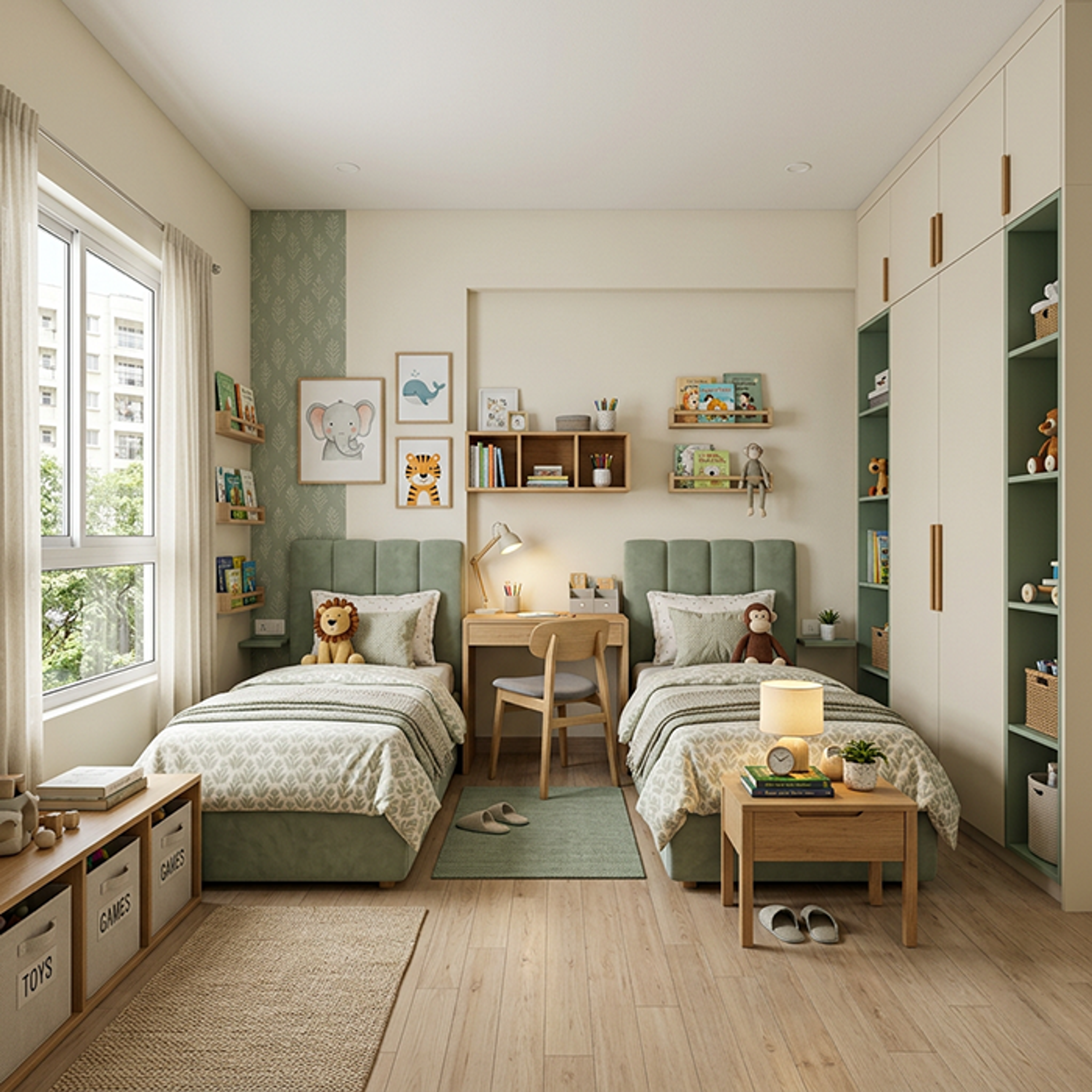 Contemporary Kids Bedroom with Twin Beds and Shared Study Desk