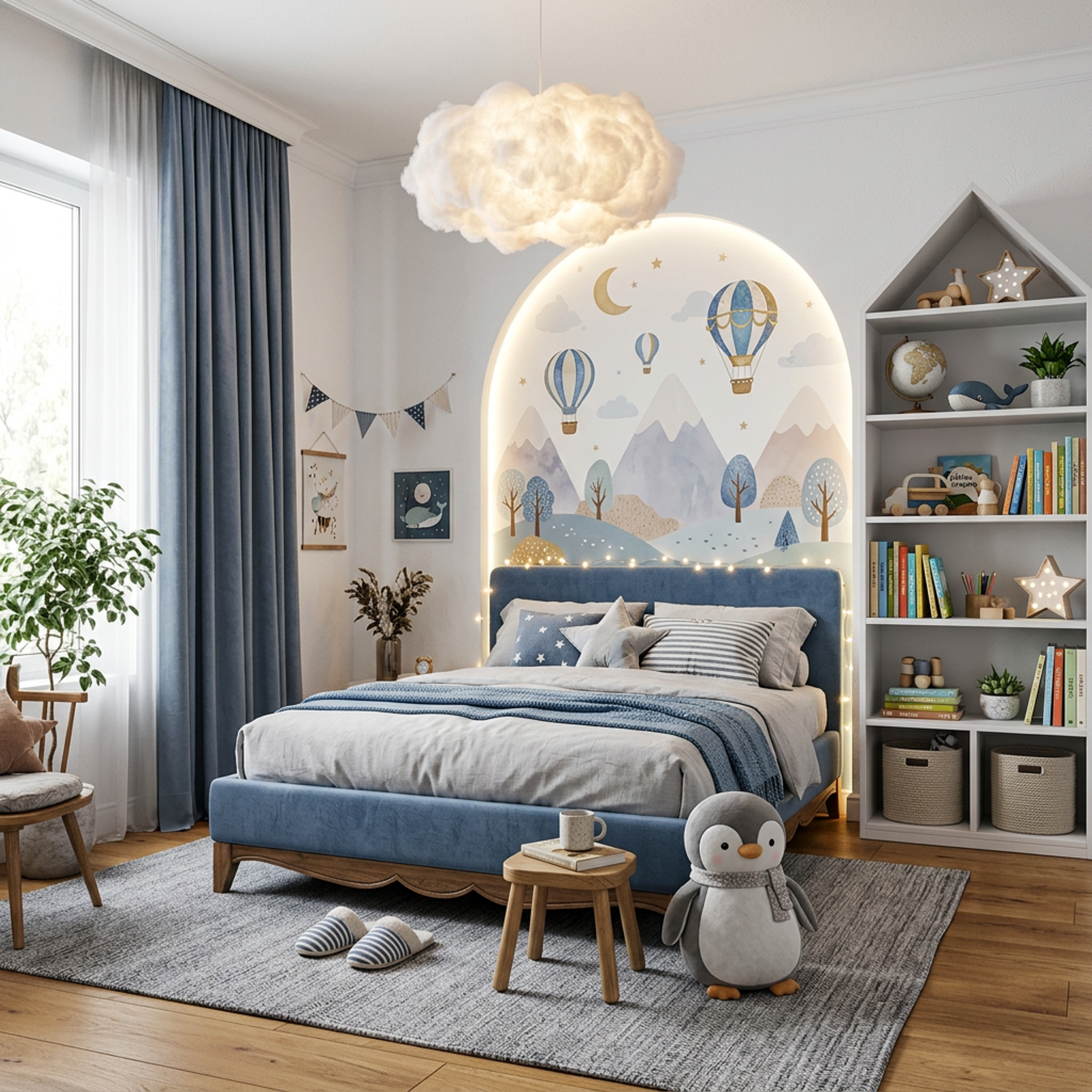 Modern Kids Bedroom Design with House Shape Bookcase and Wall Mural