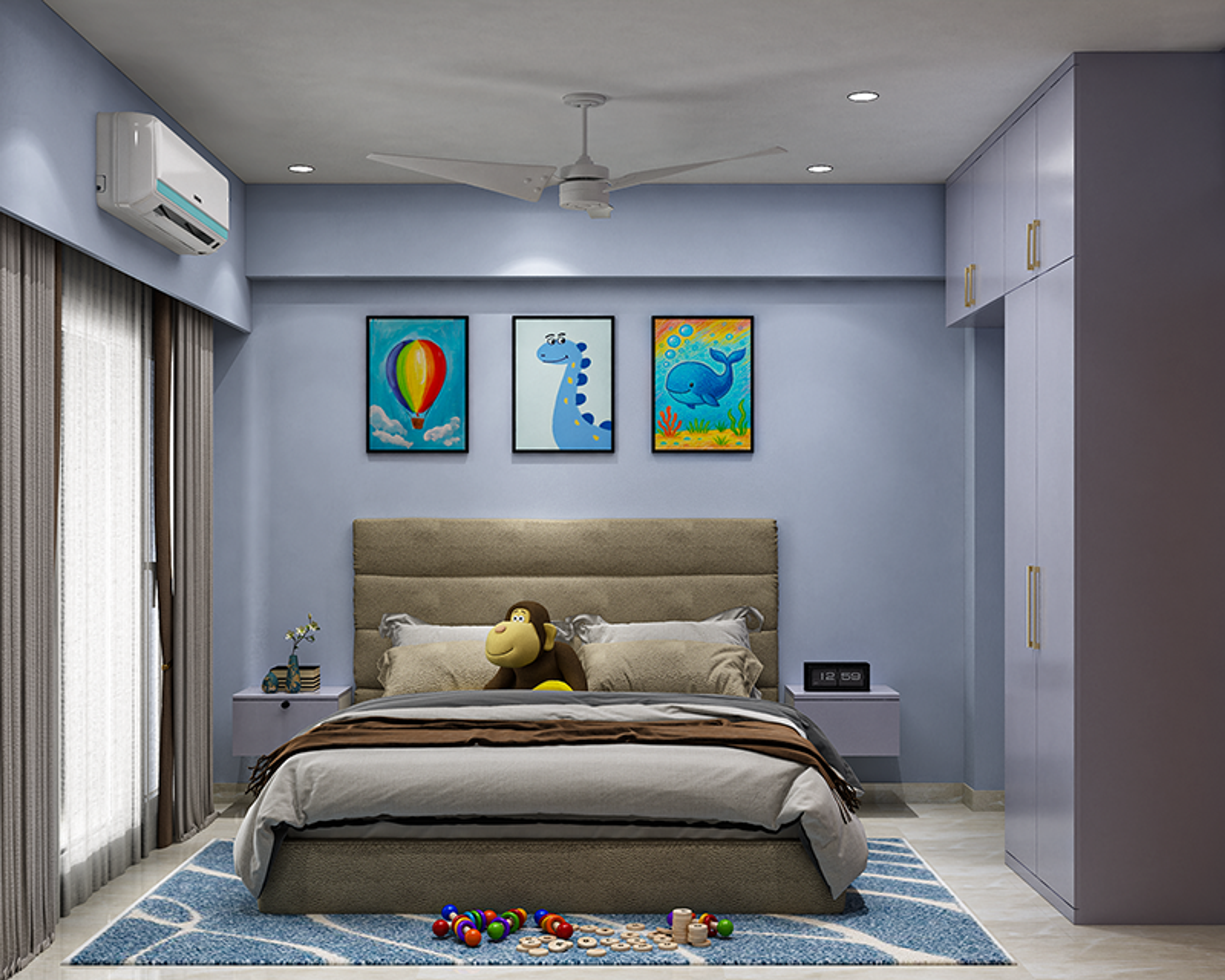 Contemporary Kids Bedroom Design with Periwinkle Walls and Playful Artwork