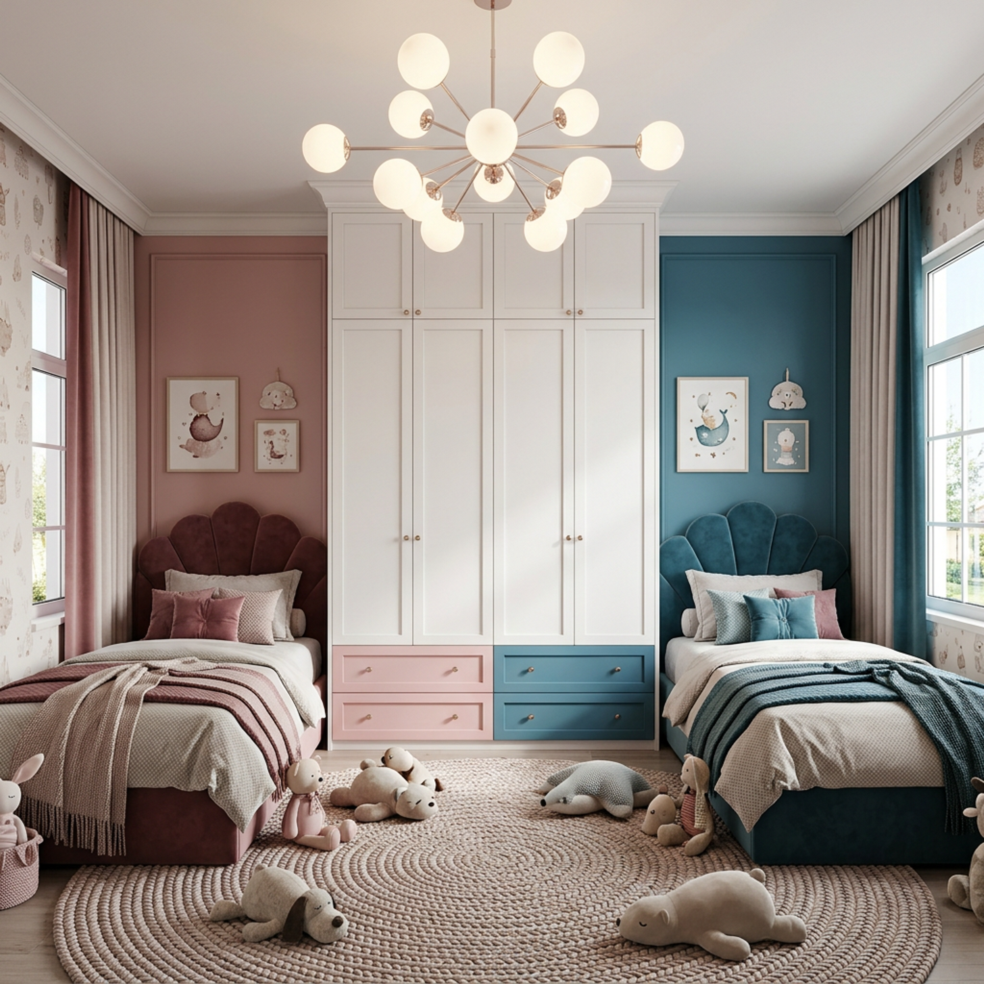 Contemporary Kids Bedroom Design with Twin Beds and Central Wardrobe