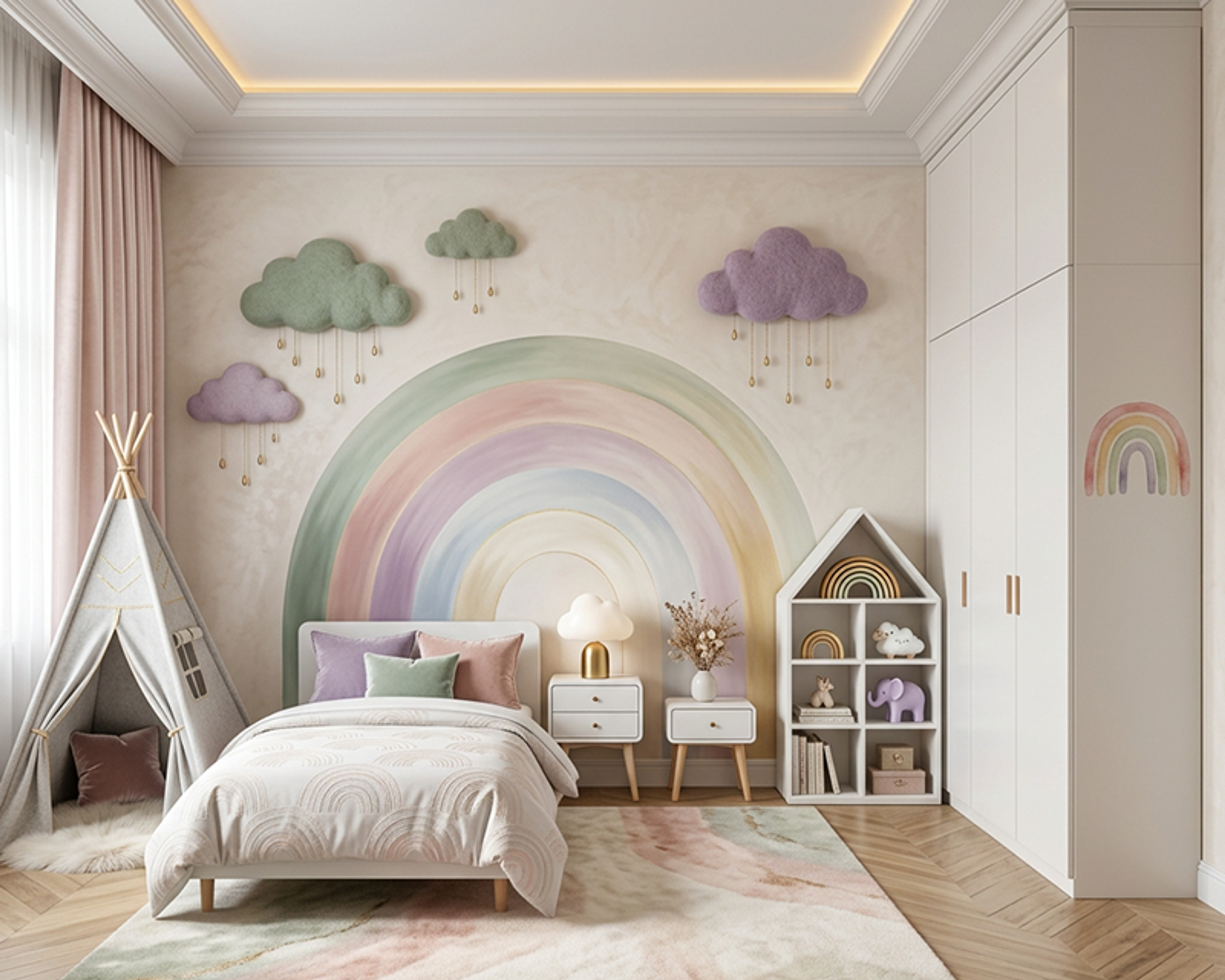 Contemporary Fairytale Kids Bedroom Design with Rainbow Mural and Cloud Decor