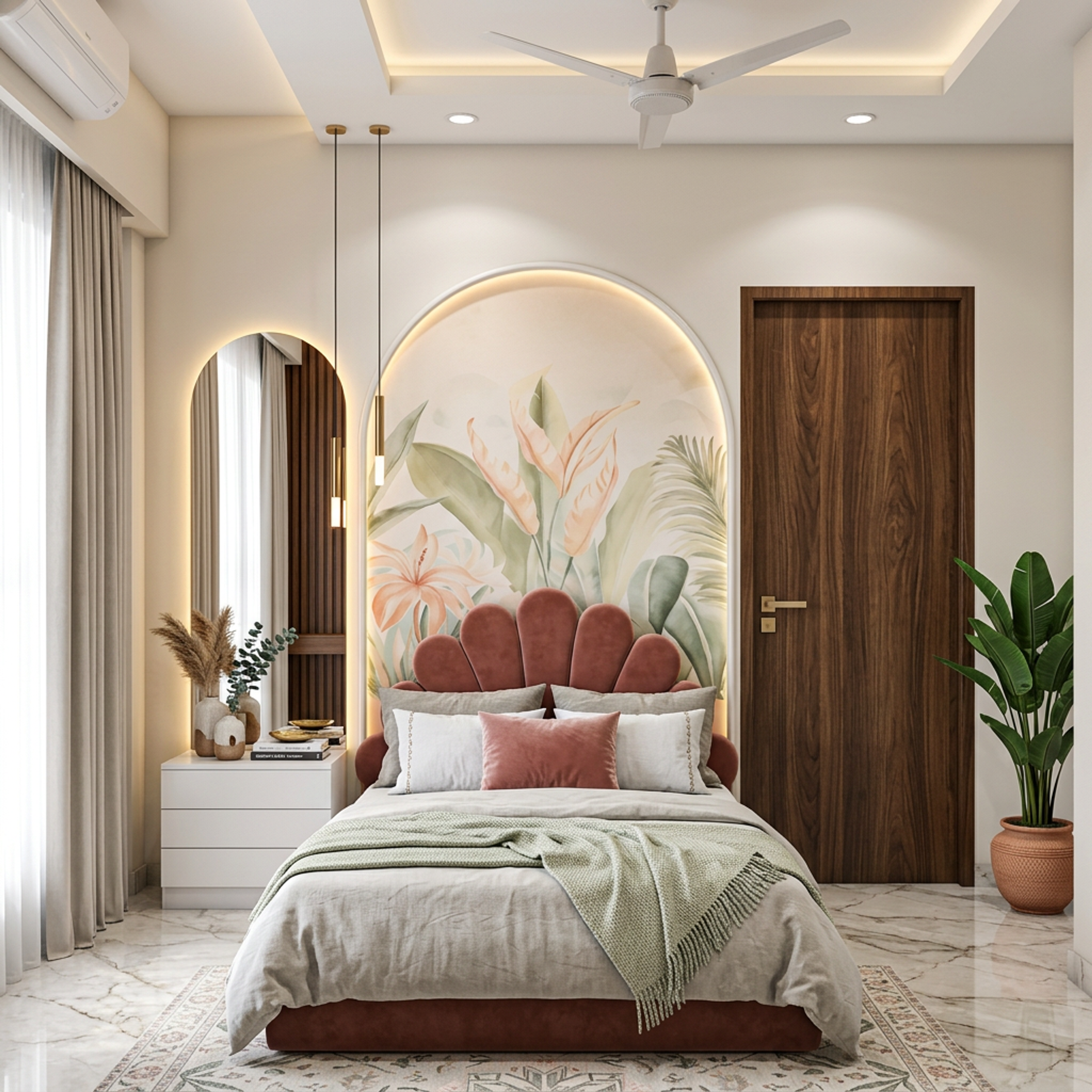 Contemporary Kids Bedroom Design with Dusty Rose Scallop Headboard and Mural