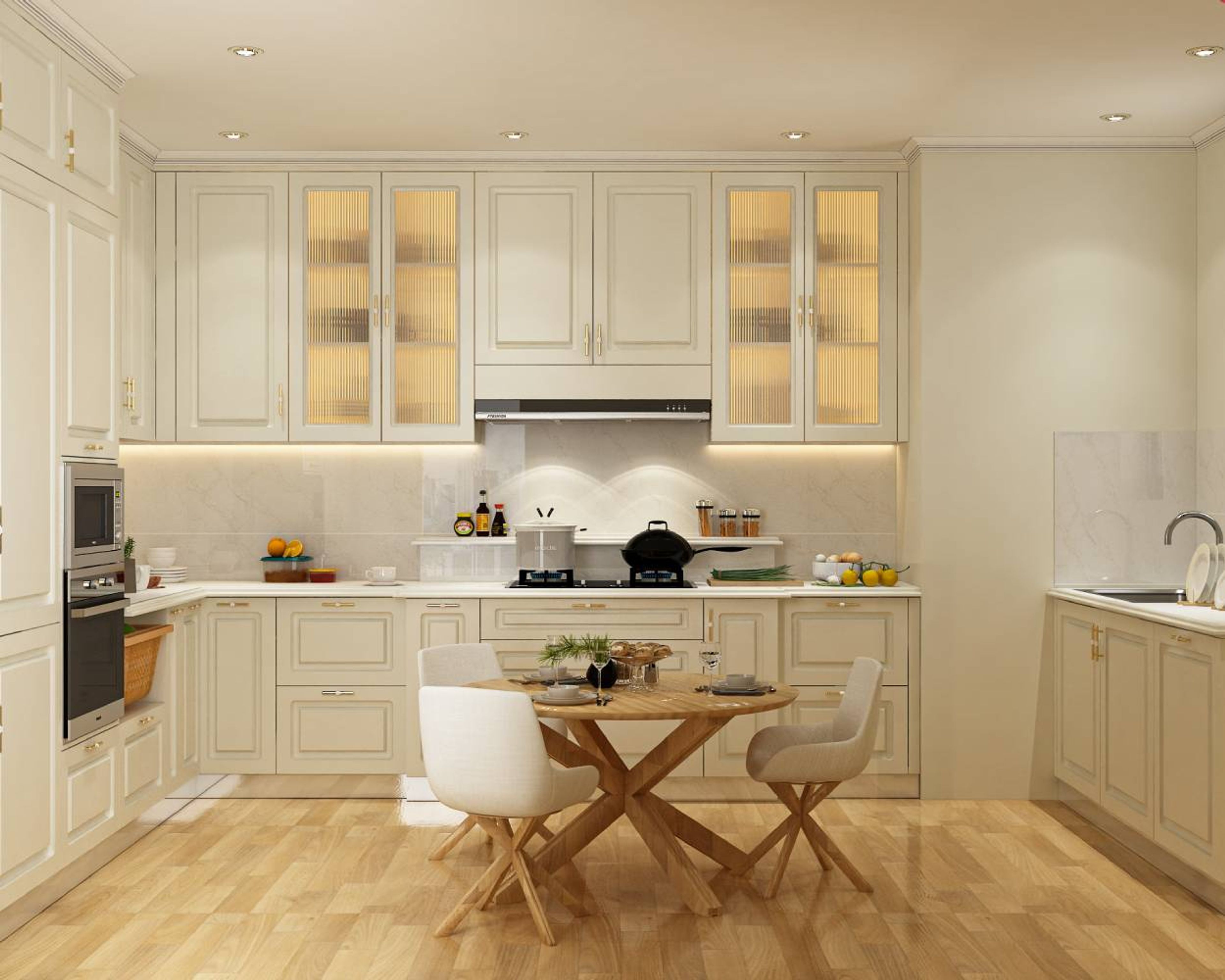 White Open Kitchen Design with Fluted Glass Cabinets and Marble Backsplash