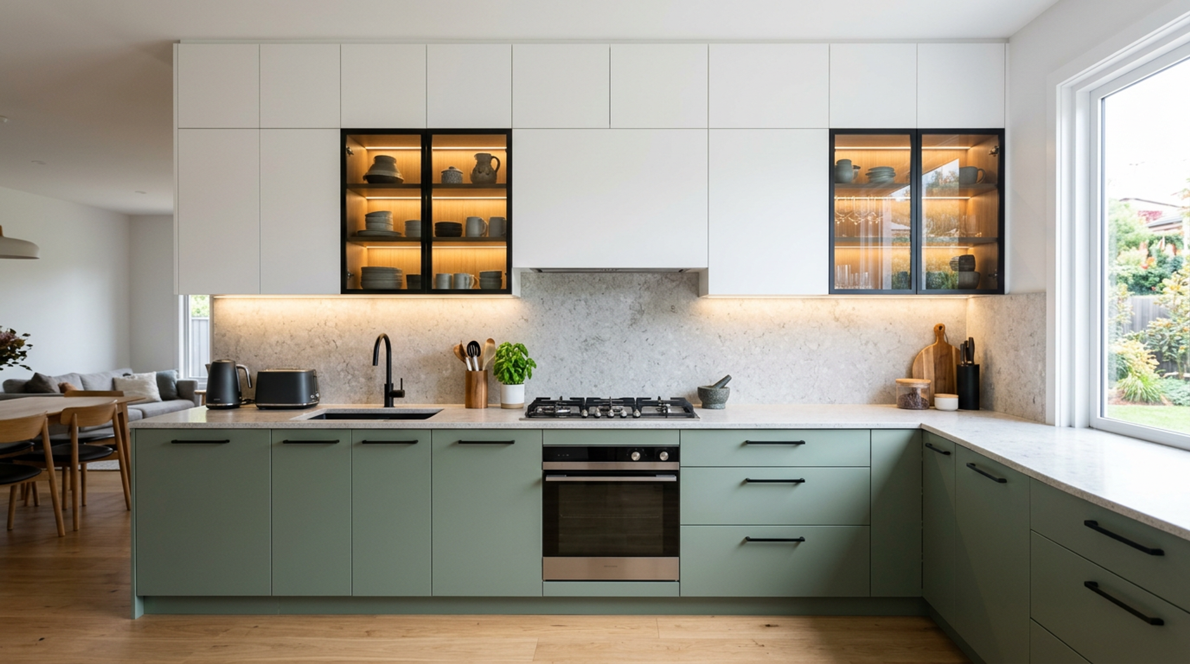 L-Shaped Kitchen Design with Green Base Cabinets and White Lofts