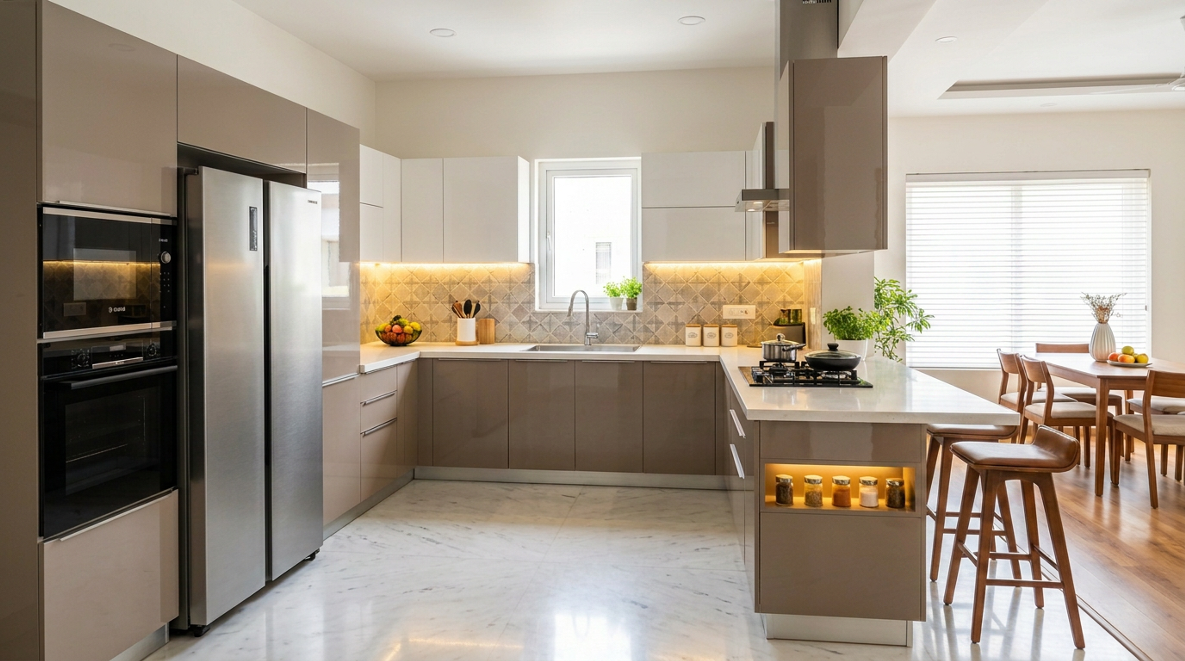 Open Kitchen Design with Brown Base Cabinets and Breakfast Peninsula