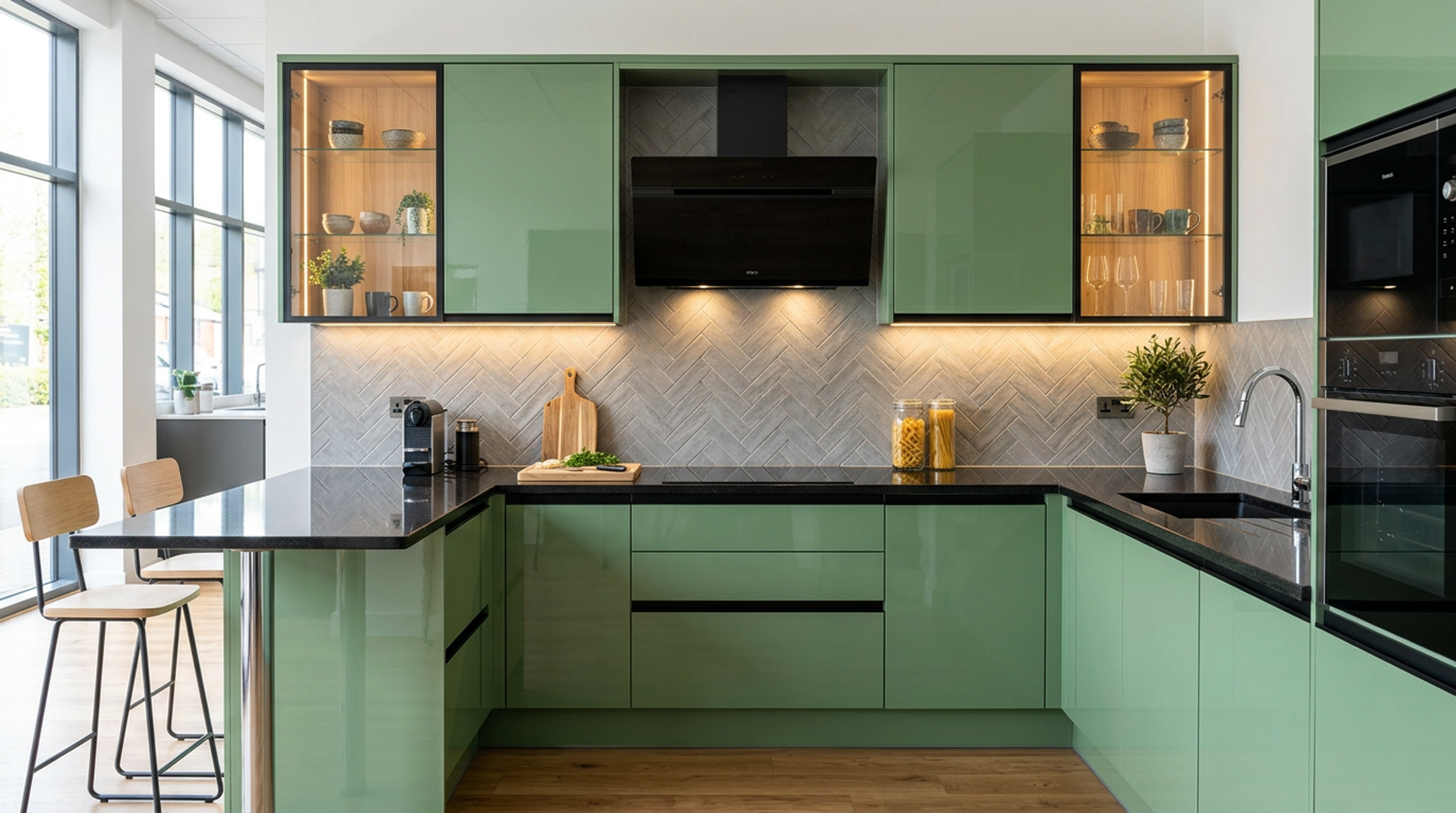 U-Shaped Kitchen Design with Gloss Green Cabinets and Peninsula Bar
