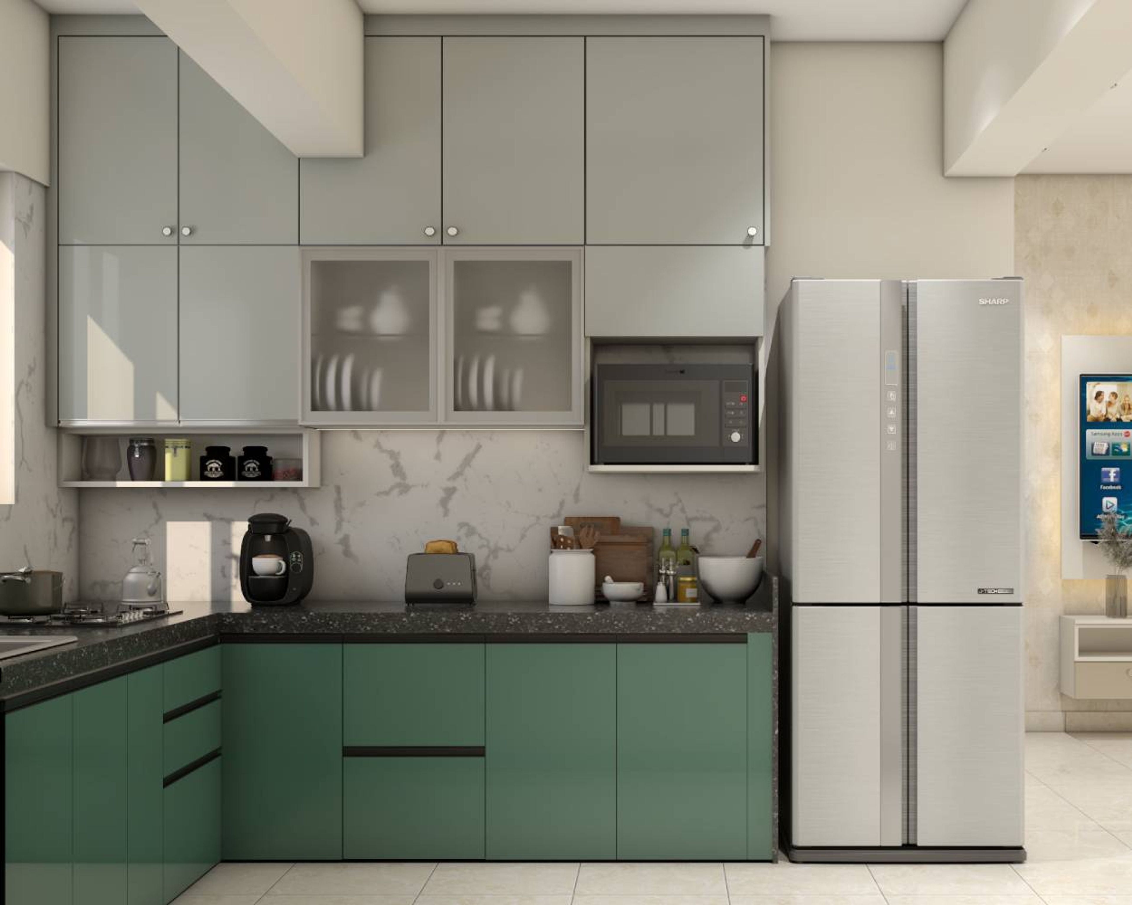 L-Shaped Kitchen Design with Aqua Green and Grey Cabinets