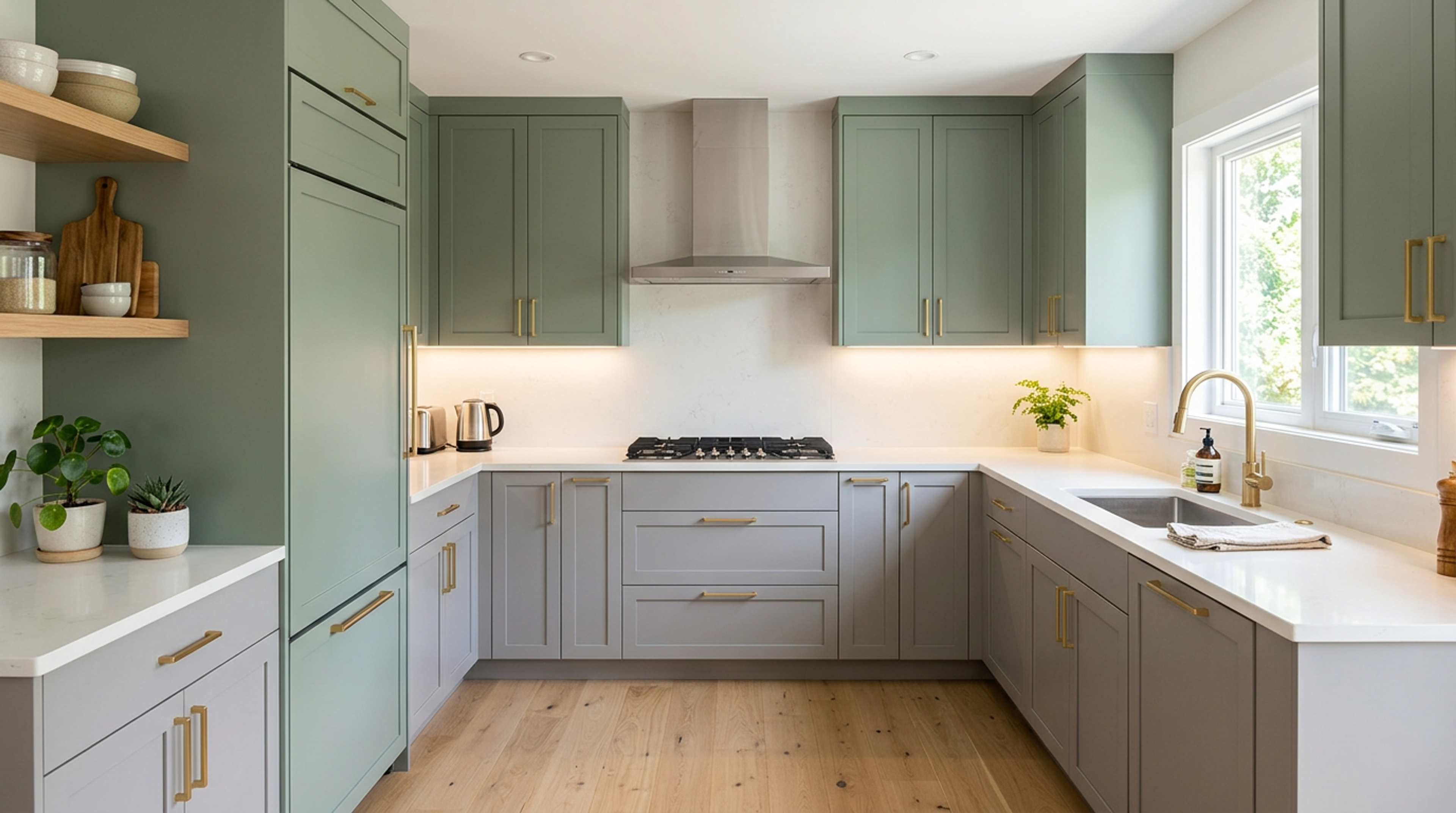 Green and Grey U-Shaped Kitchen Design with Floating Wood Shelves