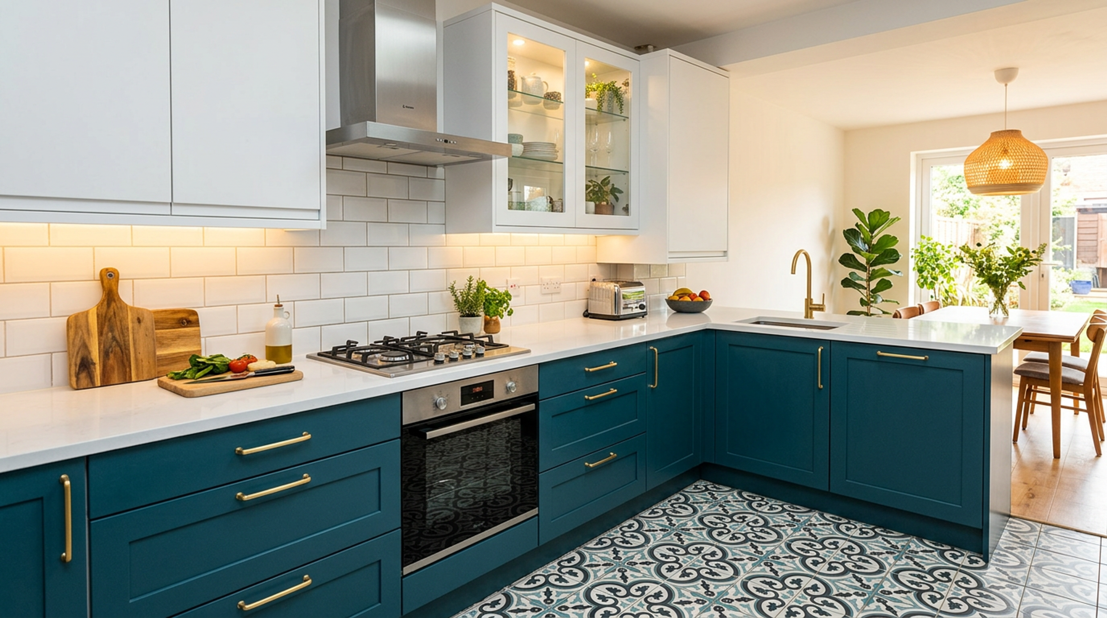 L-Shaped Kitchen Design with Blue and White Cabinets and Patterned Floor Tiles