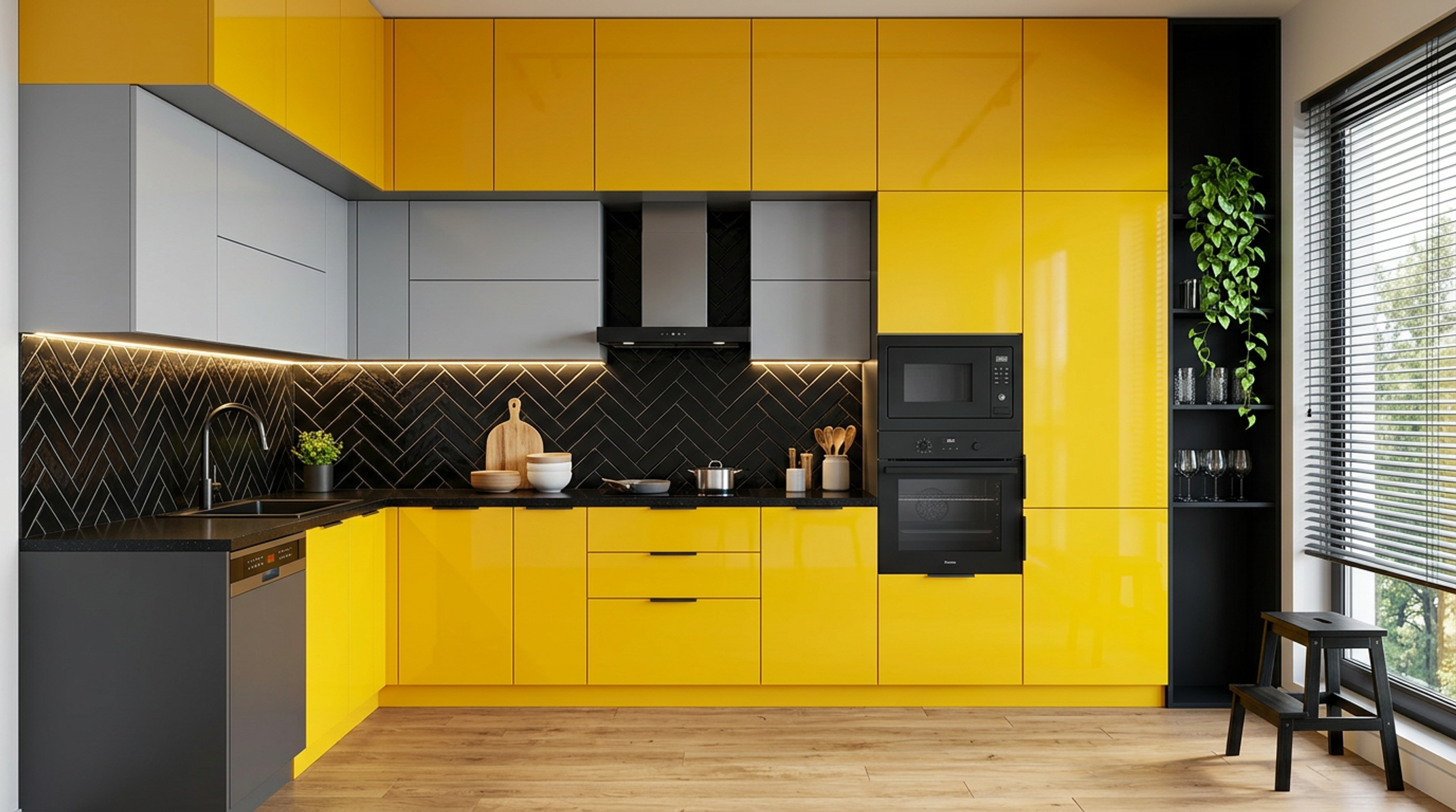 L-Shaped Kitchen Design with Black Herringbone Backsplash and Yellow and Grey Cabinets