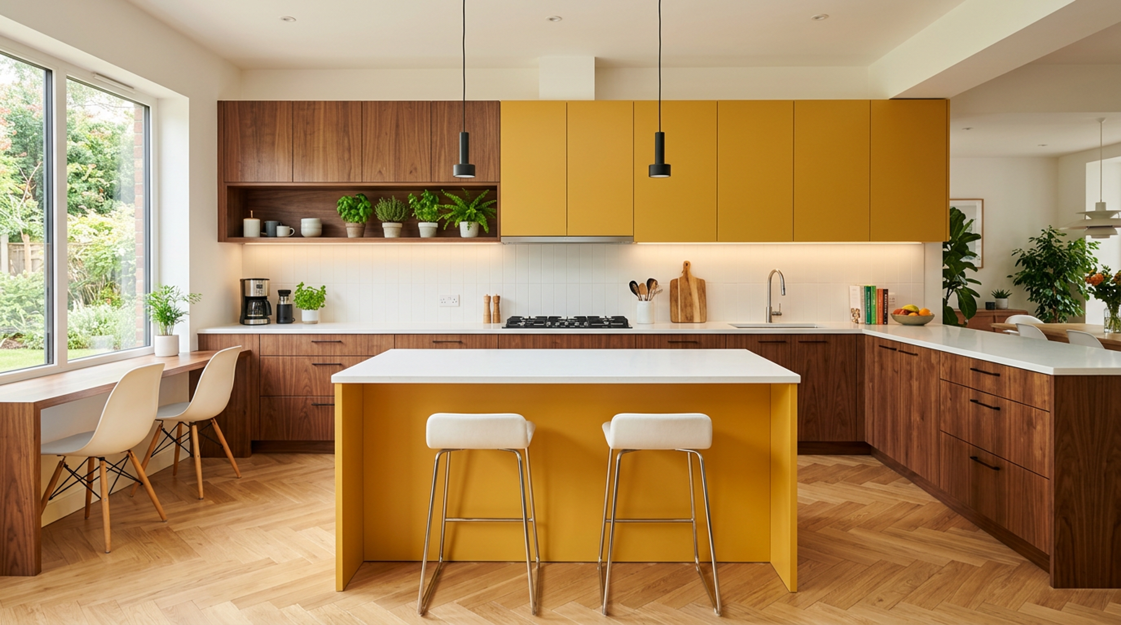 Mustard Yellow Island Kitchen Design with Teak Wood Accent Setup