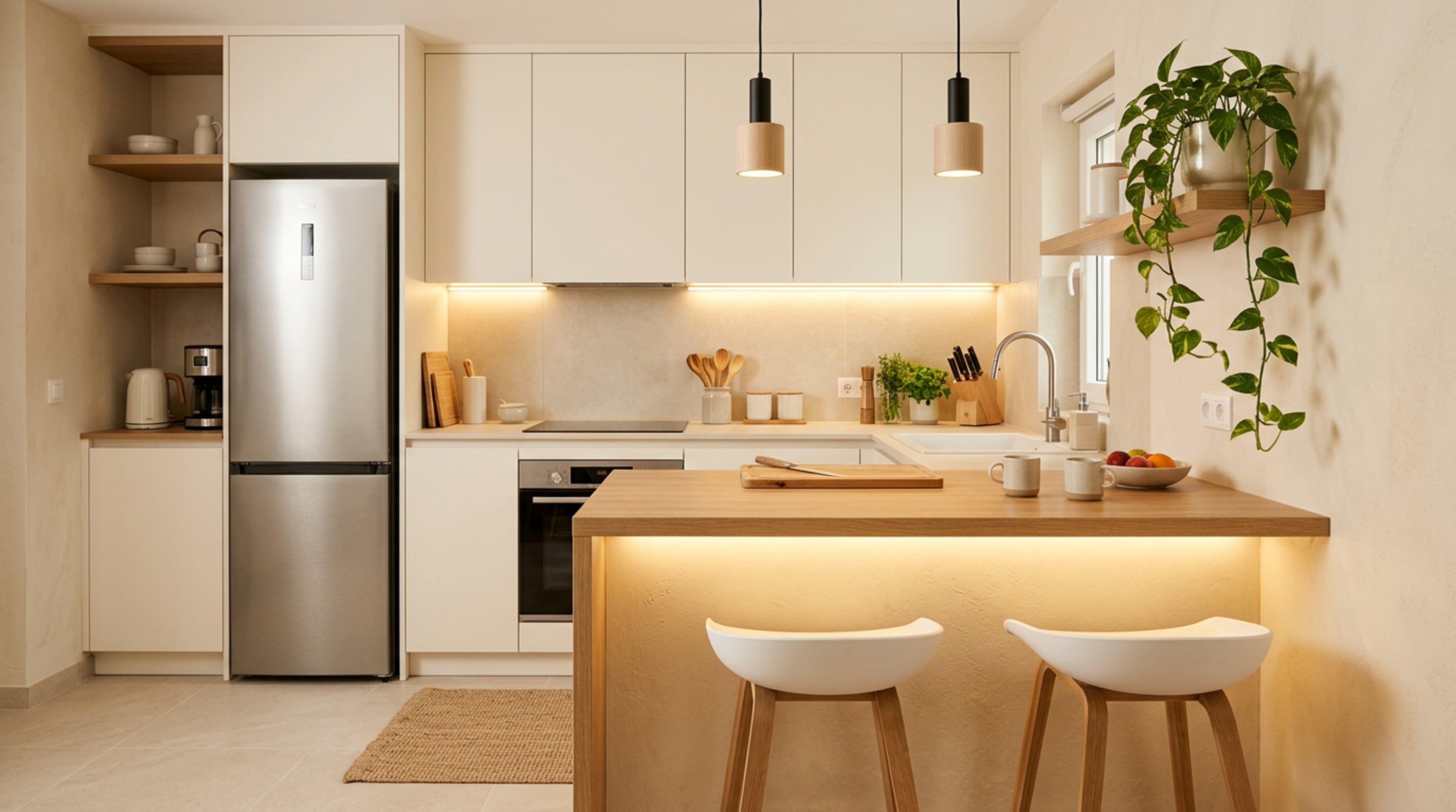 Open Kitchen Design with Champagne Coloured Cabinets and Wood Island