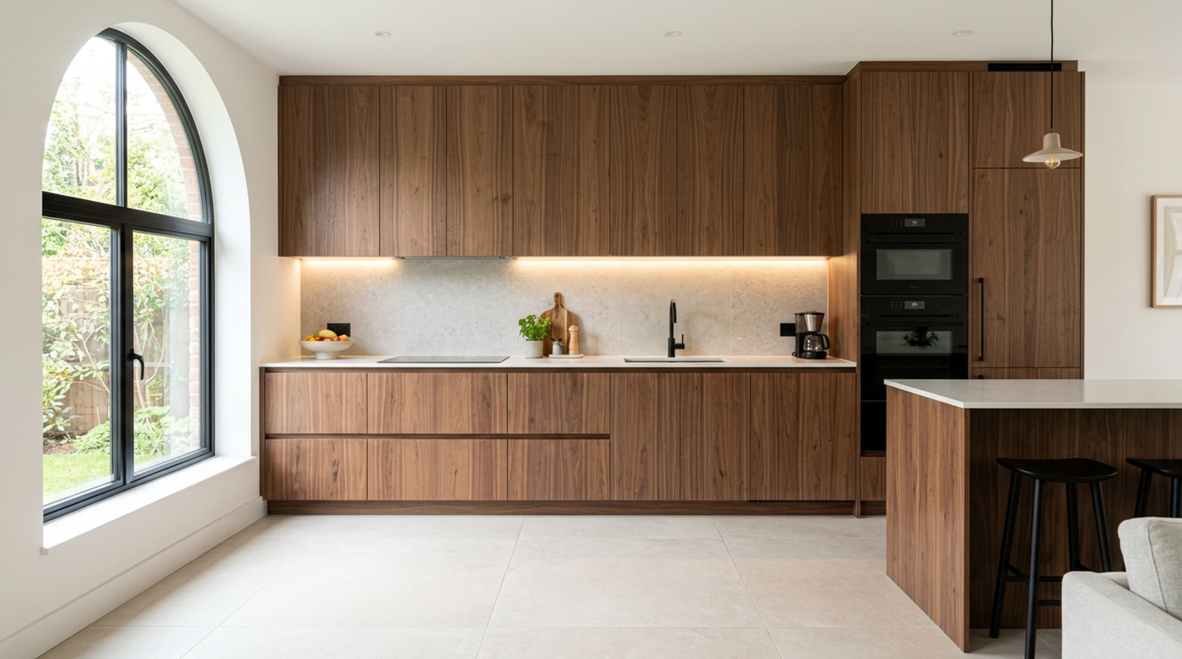 Open Kitchen Design with Rich Wood Cabinets and Arched Window