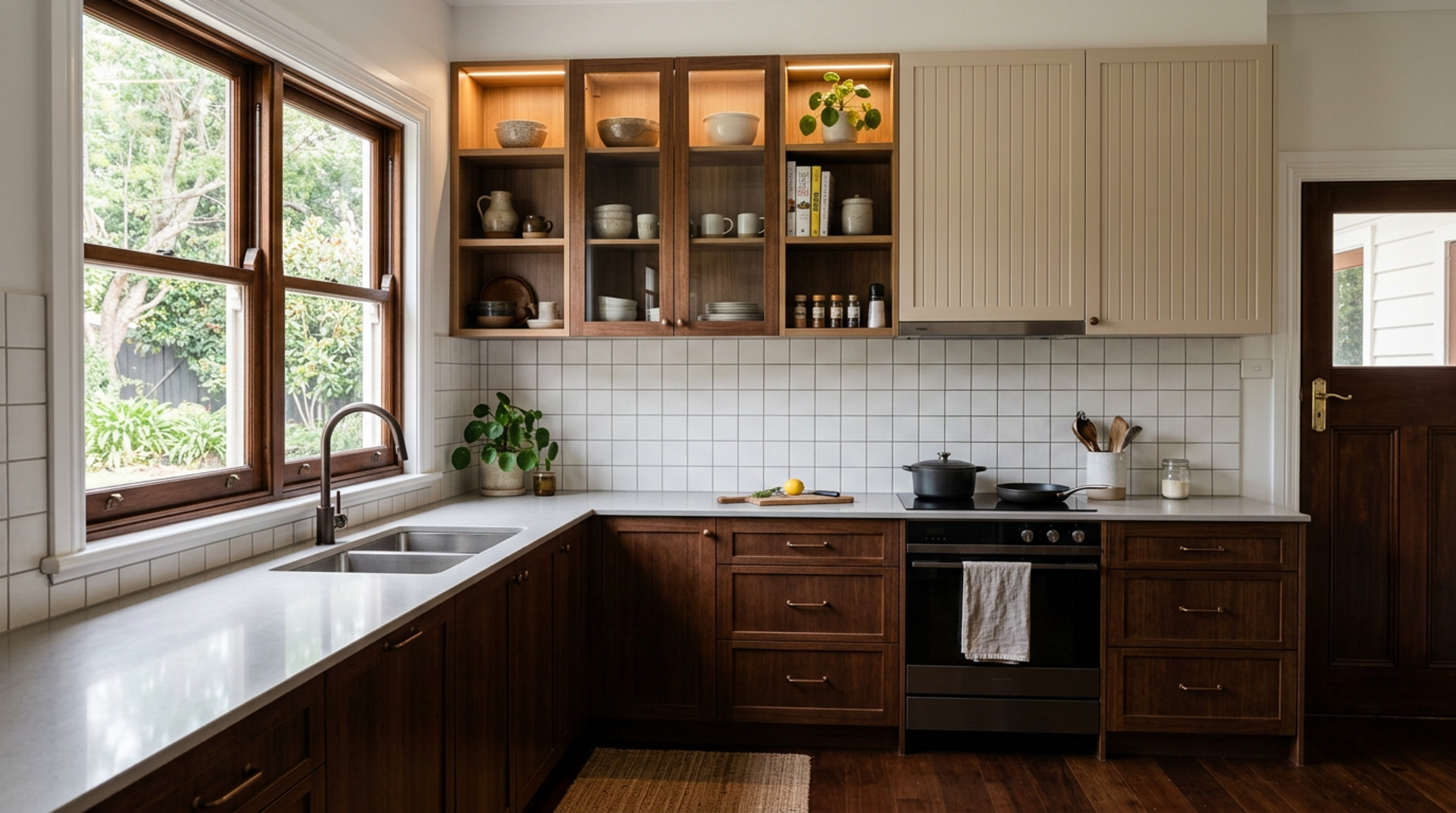 L-Shaped Kitchen Design with Fluted Wall Cabinets and Wood Base Drawers