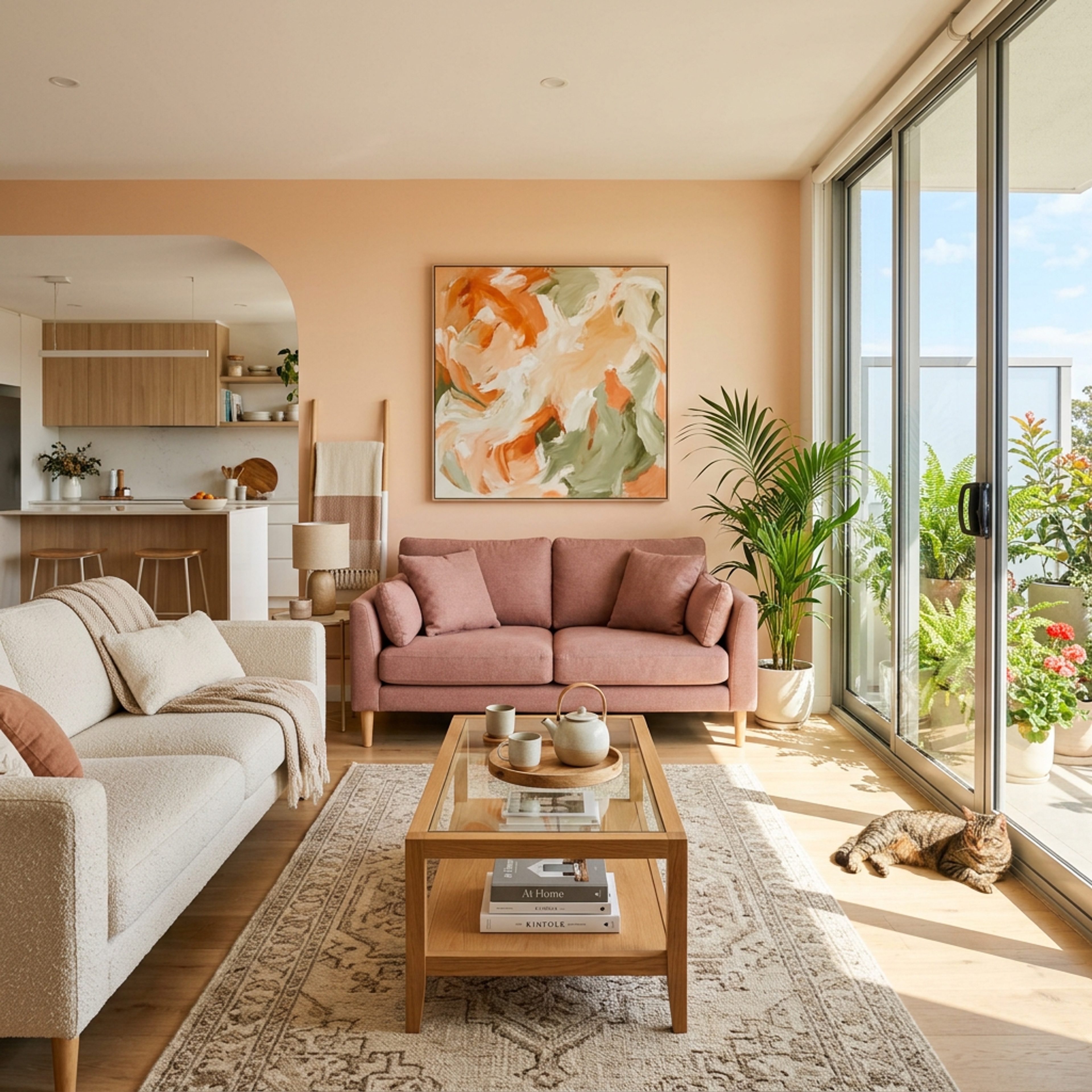 Warm Modern Living Room Design with Cream Sofa and Glass Table