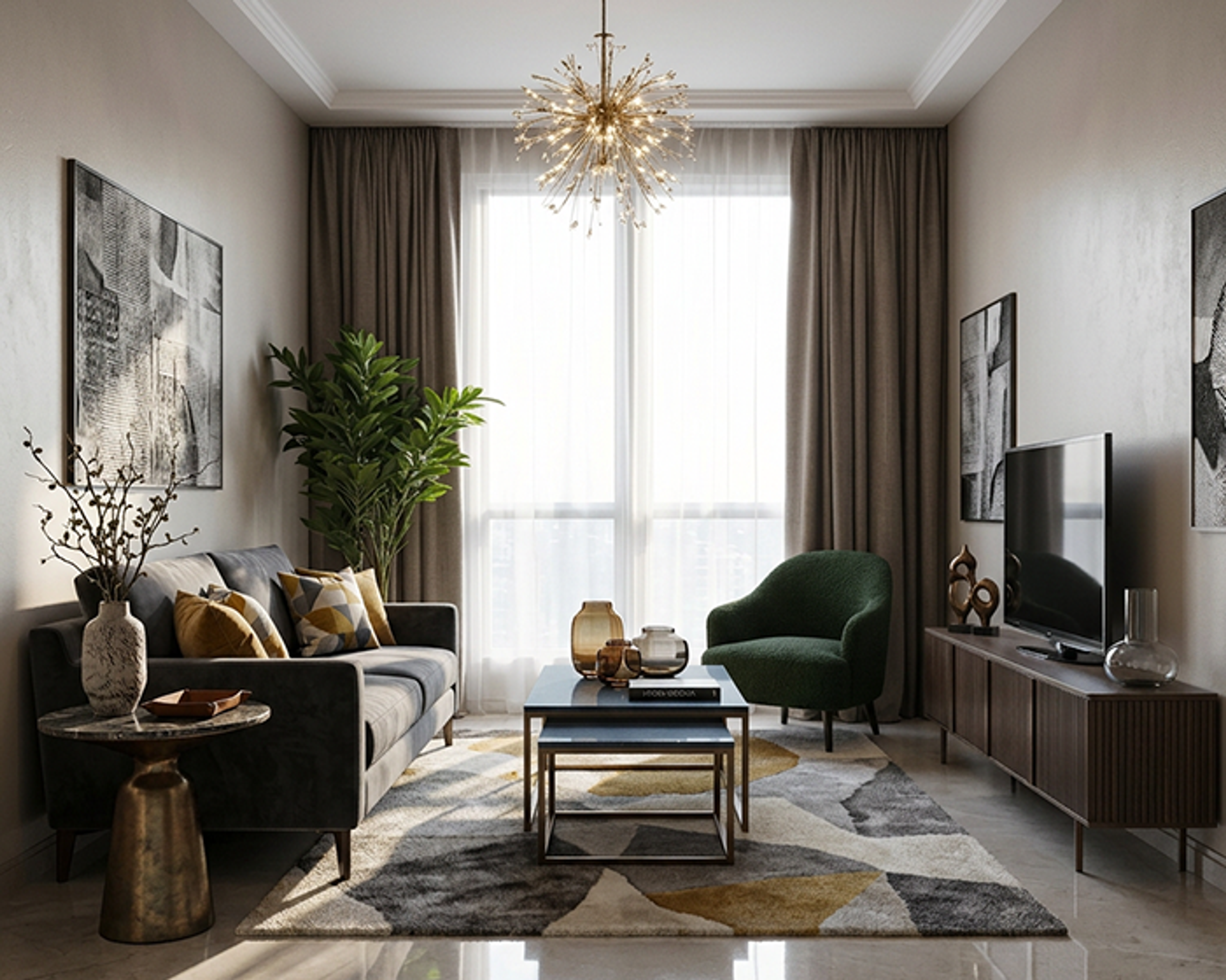 Eclectic-Glam Living Room Design with Brass Starburst Chandelier